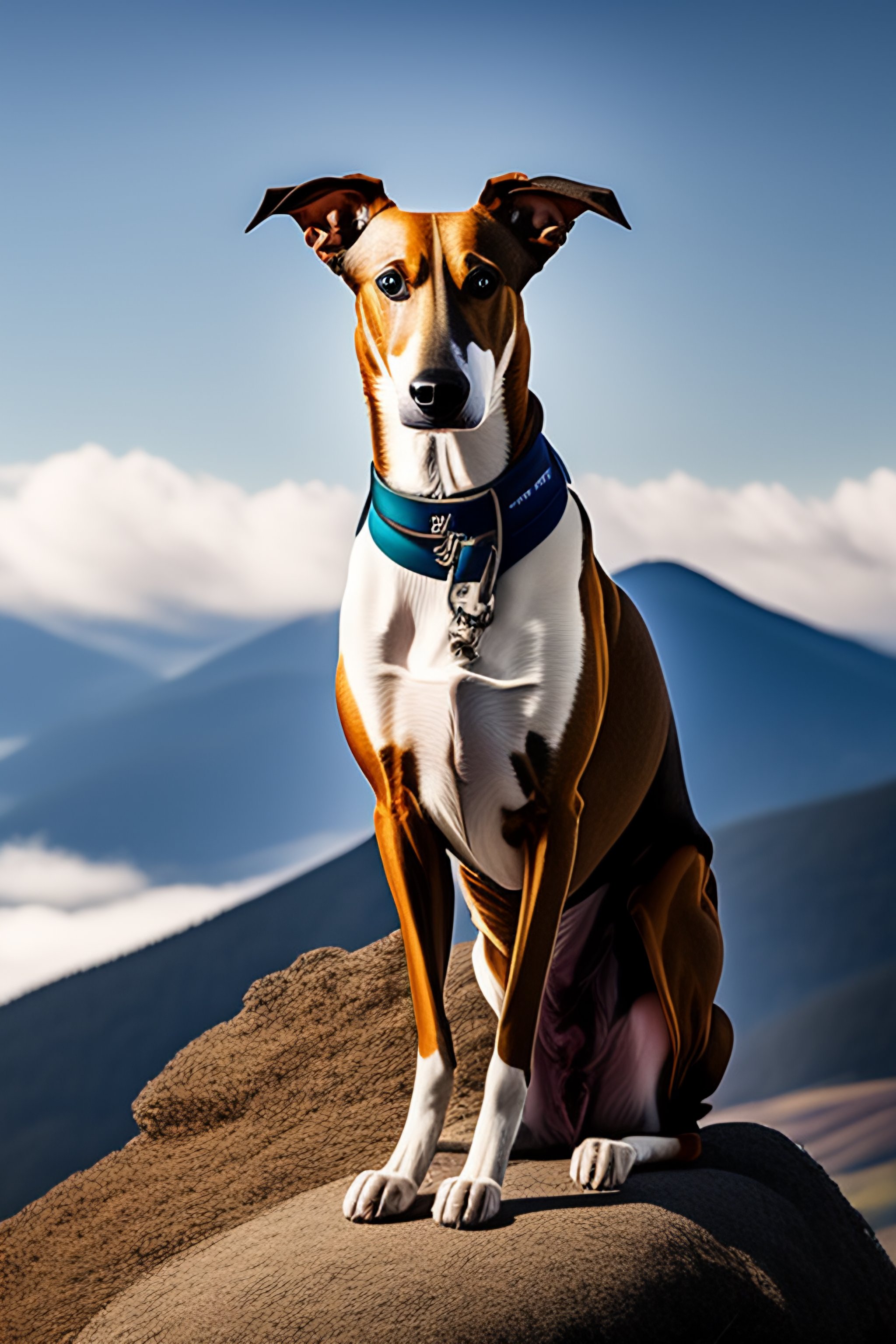 Lexica - Photo of a tigered greyhound on top of mountain