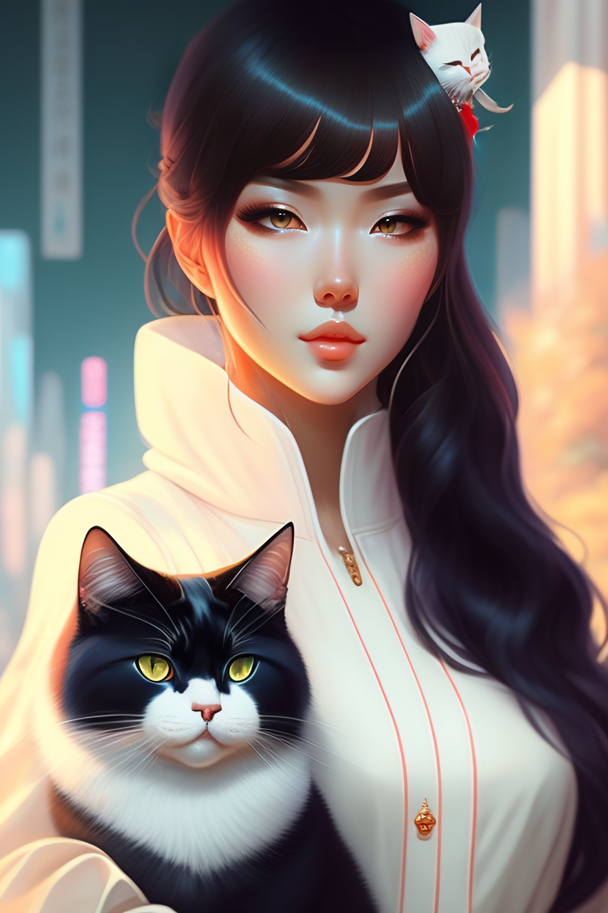 Lexica Elegant Girl Holding A Cute Cat In Urban Outfit Cute Fine