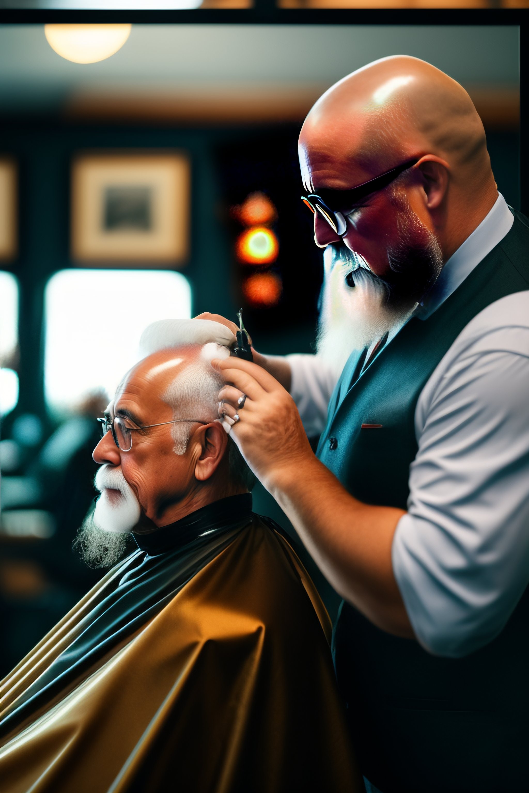 Lexica Longhaired old man gets a haircut, shaving head, sit in