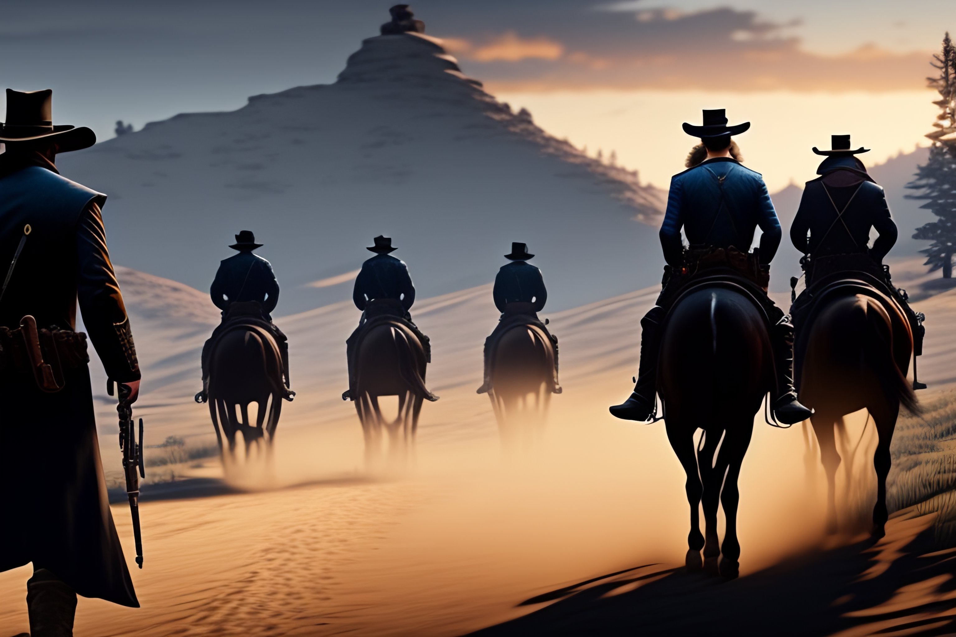 Lexica Red Dead Redemption 2 gang of outlaws walking into the sunset