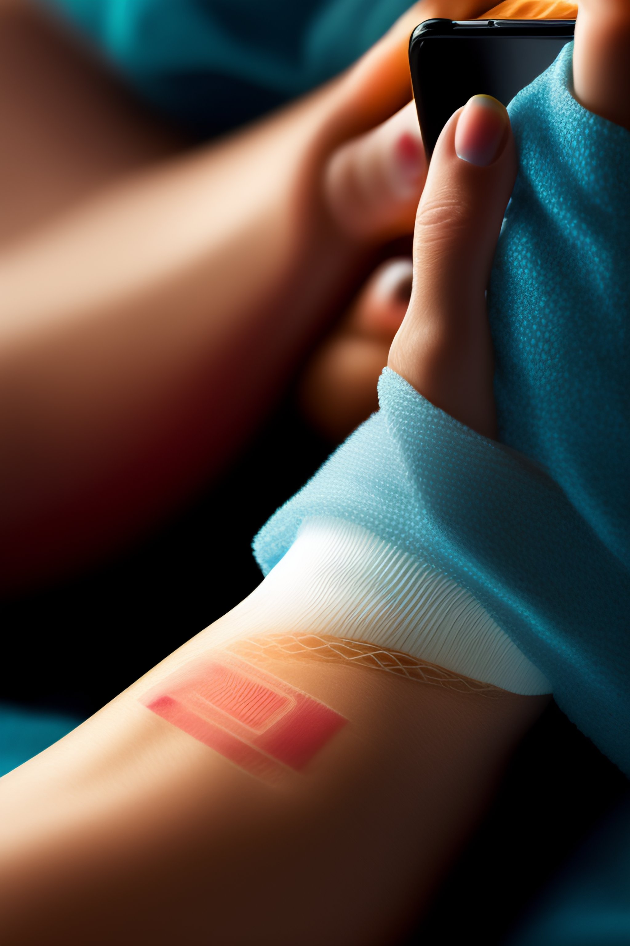 Lexica - A hand holding a smartphone taking a picture of the bandaged ...