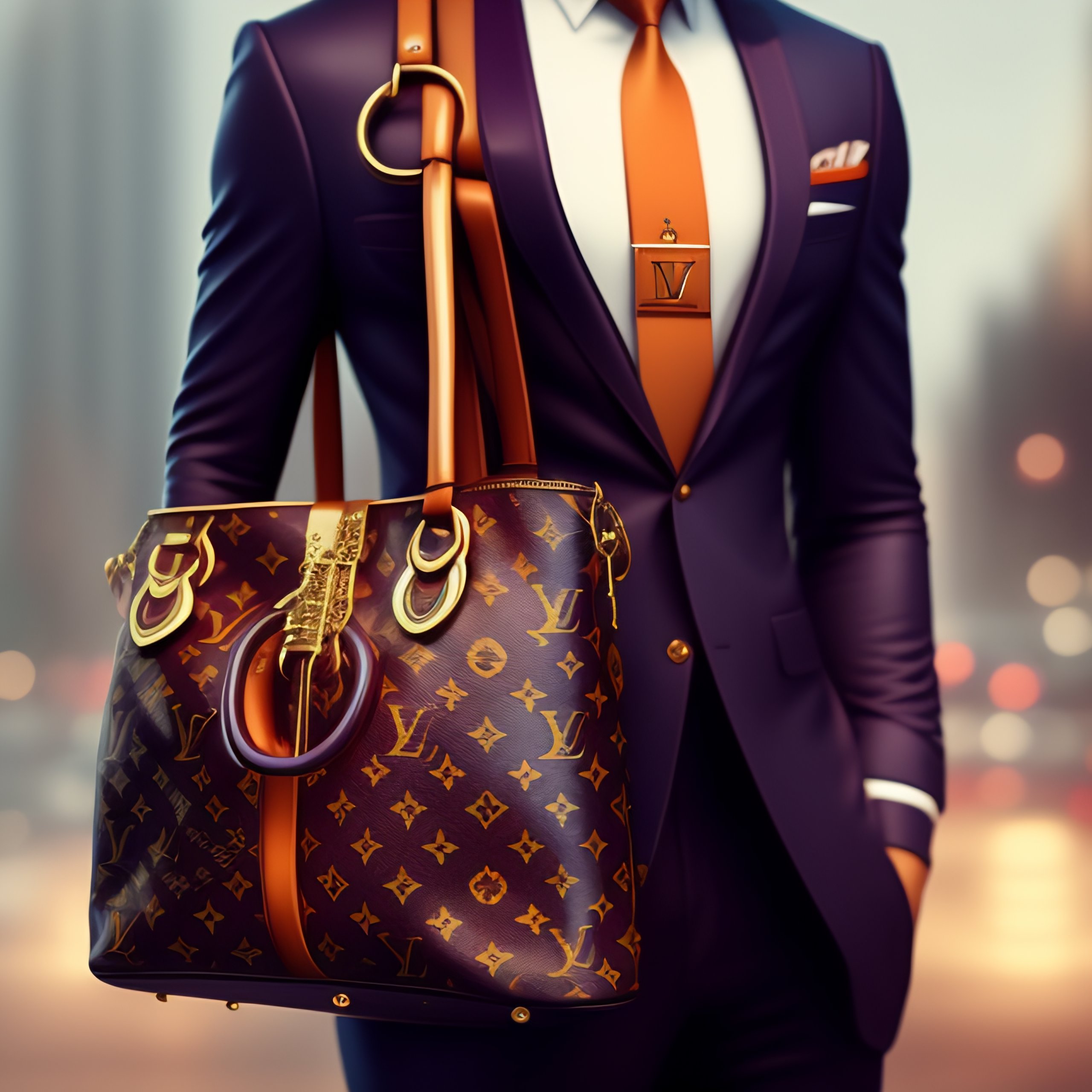 Lexica - A man with haute couture LV three piece suit, LV bag, mercedes key  chain laying on a beg character concept design, painting, detailed, vivid
