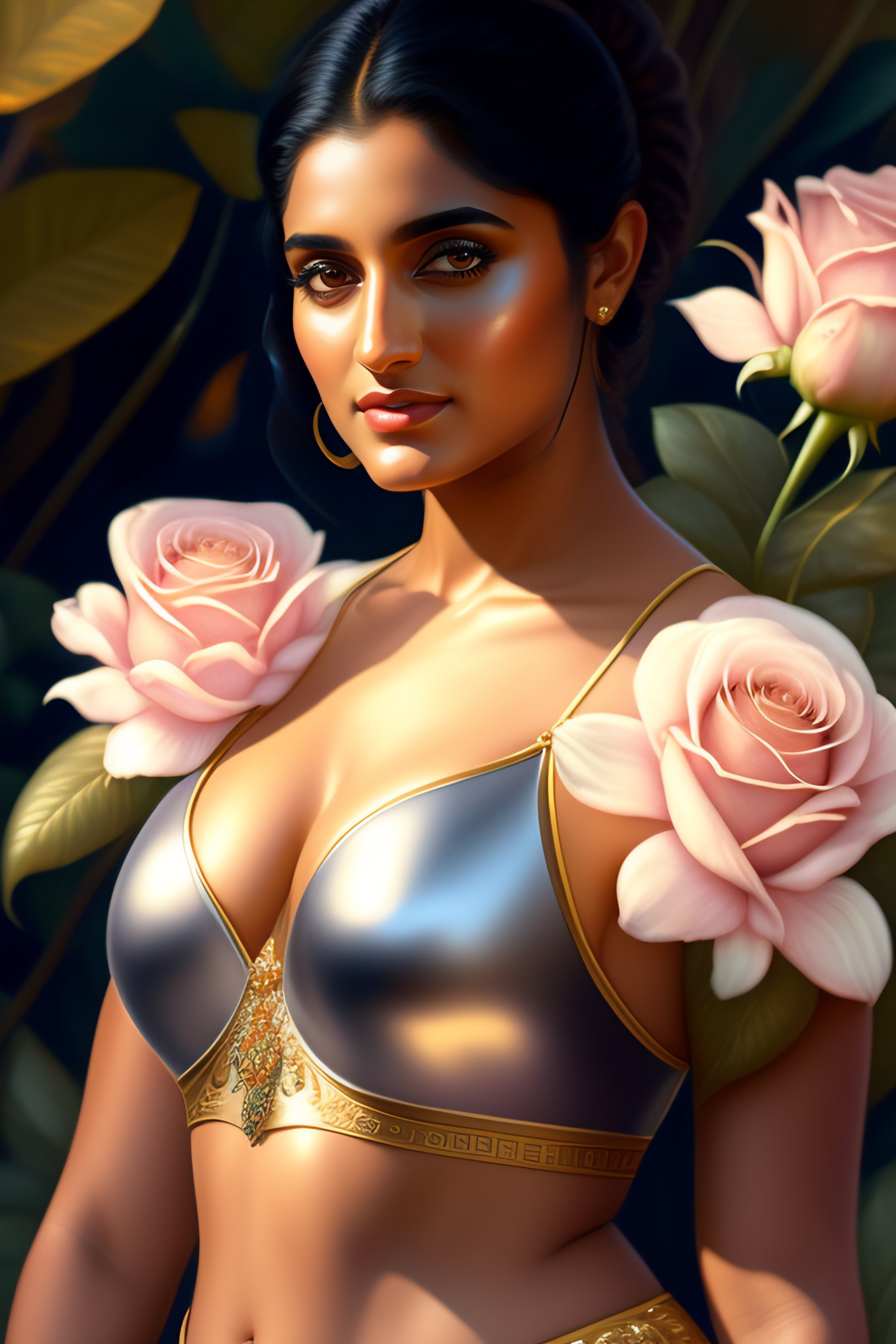Lexica Spanish woman niveda thomas, smelling a flower, roses