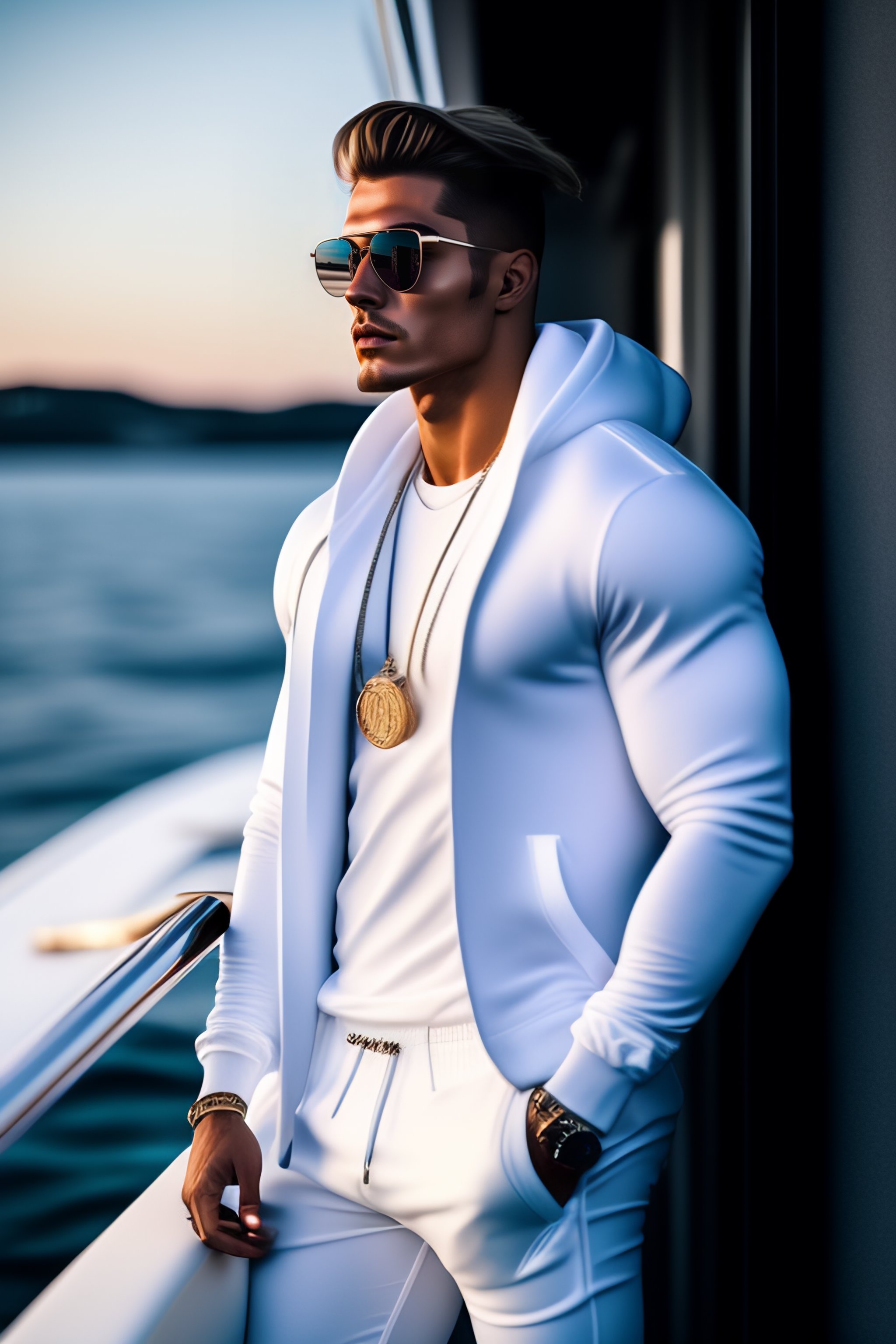 Lexica White male model fit wearing white hoodie blue thight