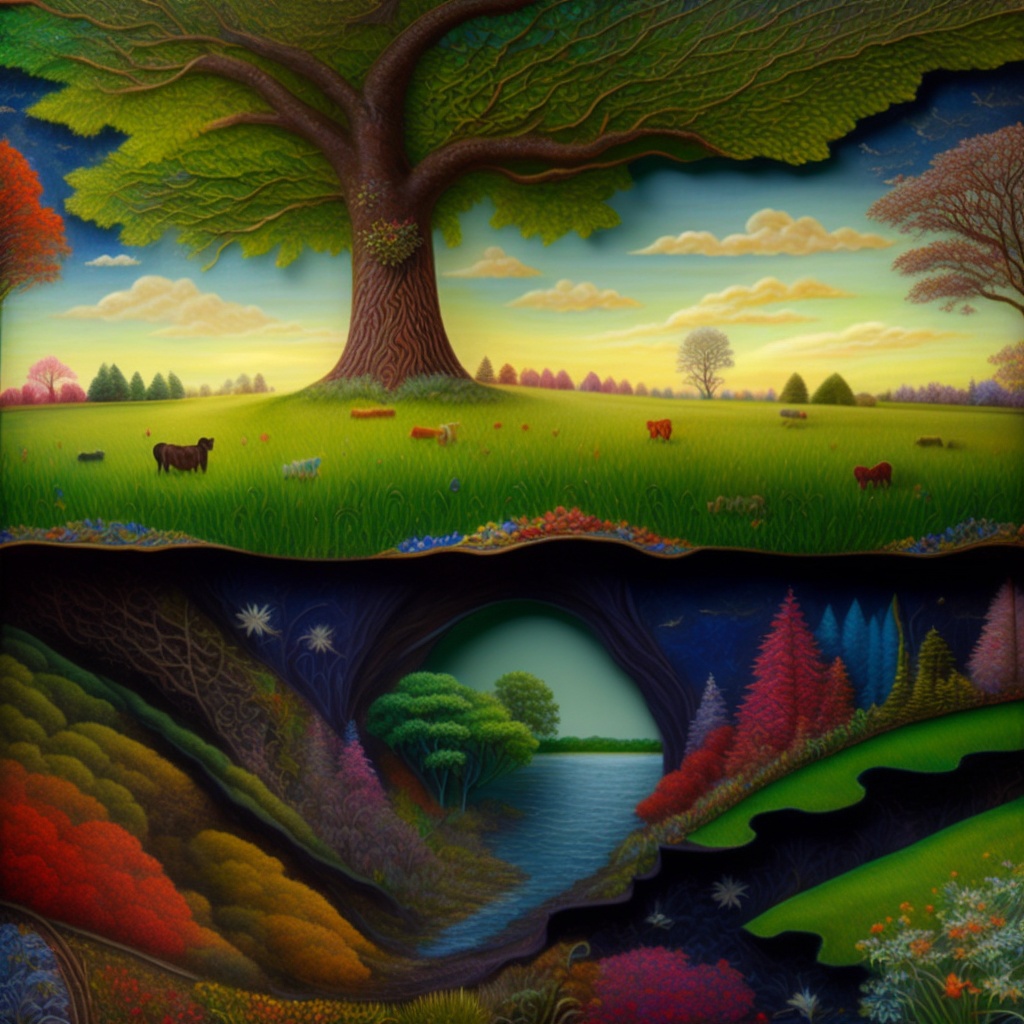 Lexica - Painting, two worlds top half of nature trees and meadows, the ...