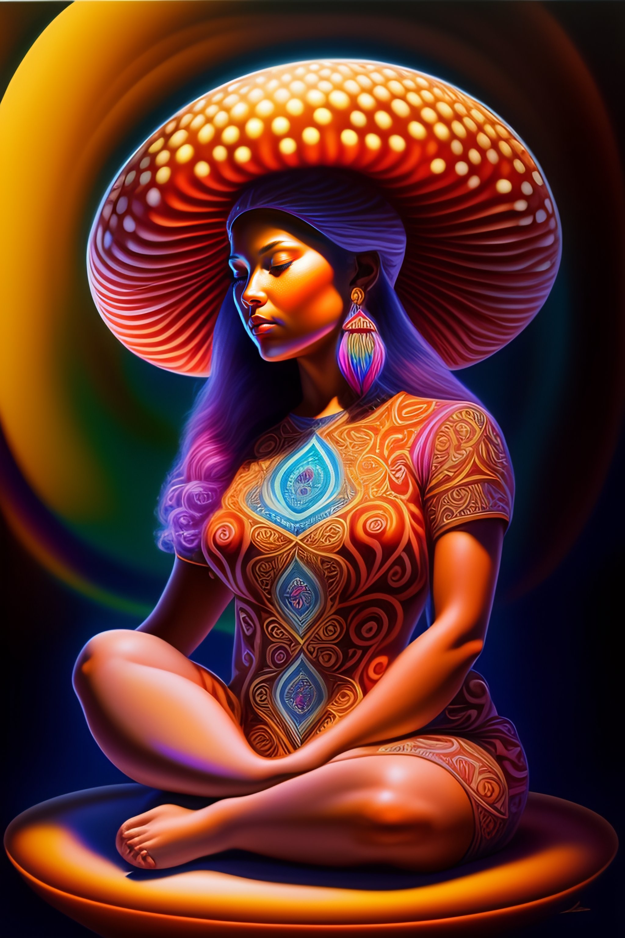 Lexica - Magic mushroom ,woman gnome meditating on a mushroom ,alex grey,nicely  folded legs,dress