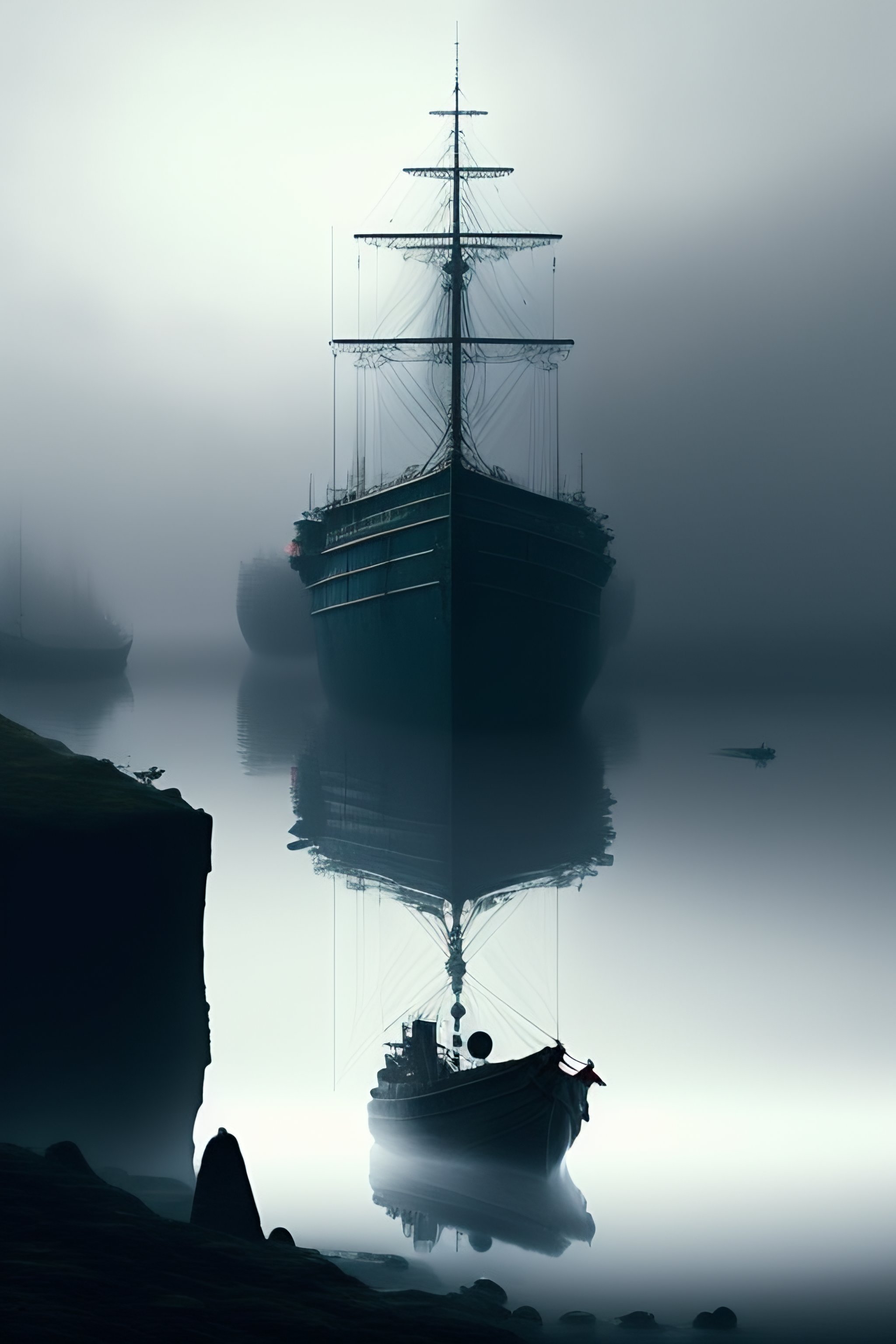 Lexica - A bone ship in a foggy harbour, anchored to port with electric  ropes a rope ladder dangles from the side