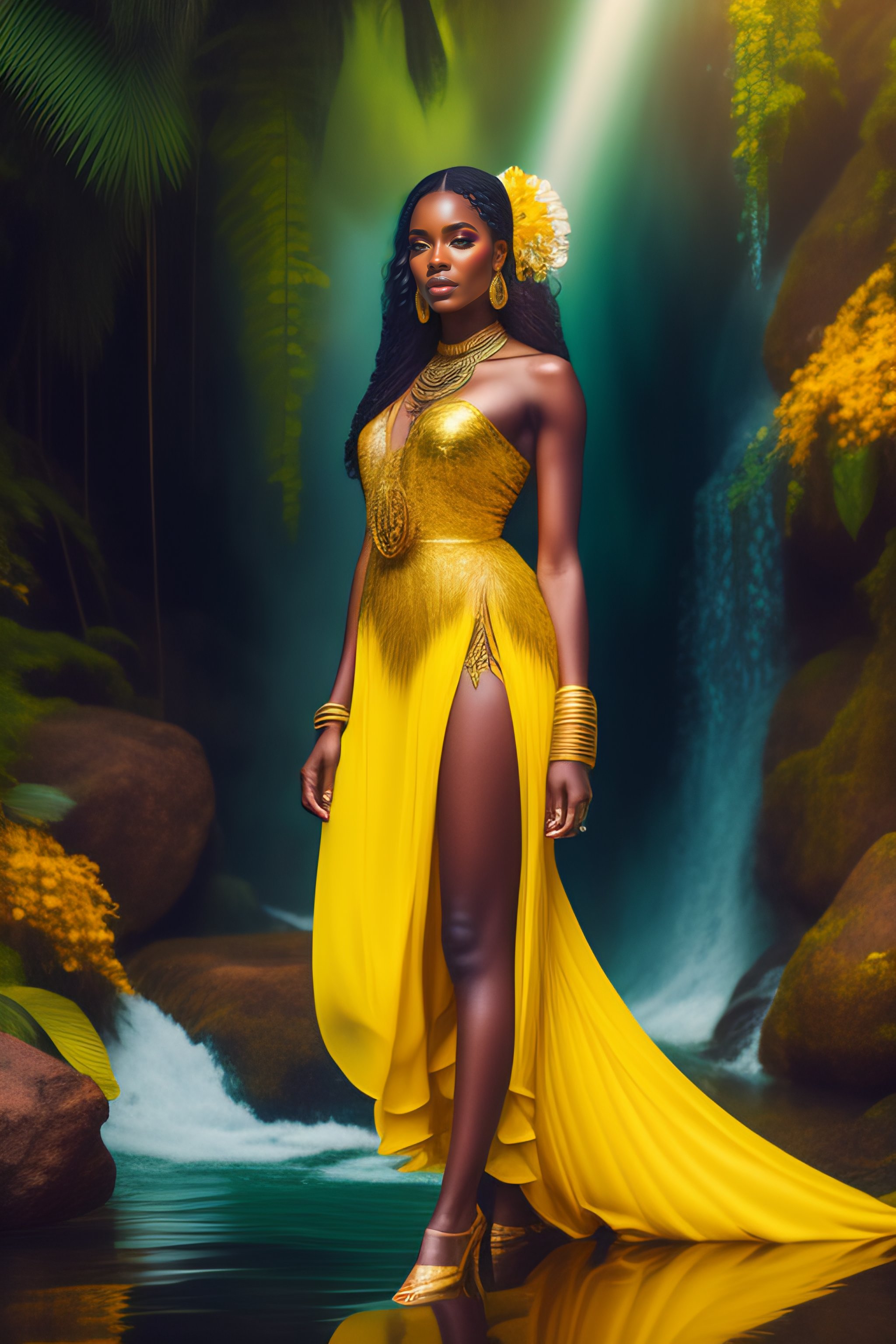 Lexica - Beautiful black oxum princess wearing yellow color dress and gold  jewelry, holding gold mirror in hand dancing in tropical waterfall with  gr...
