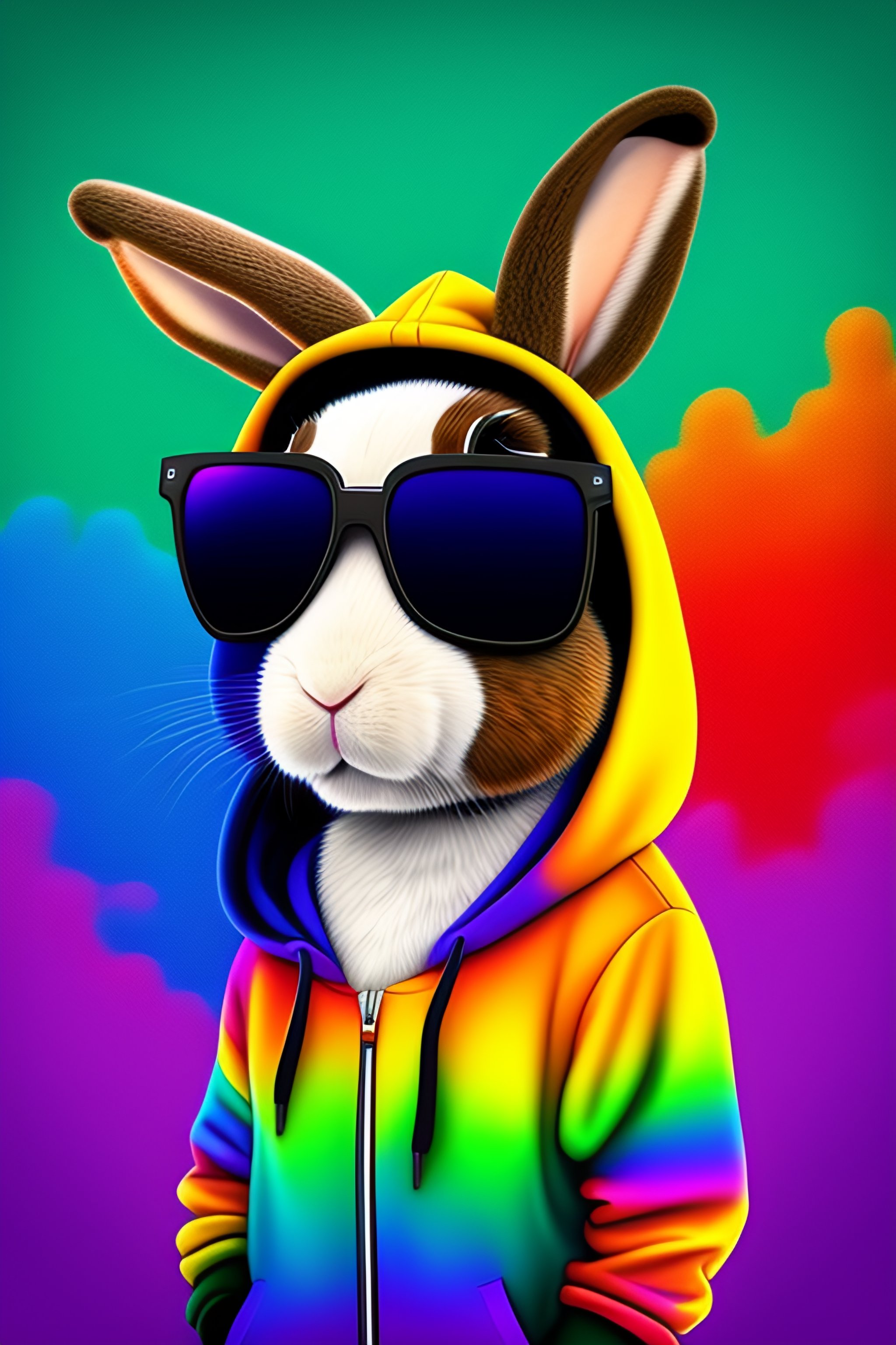 Lexica - A stuffed rabbit wearing a colorful hoodie and sunglasses, hip ...
