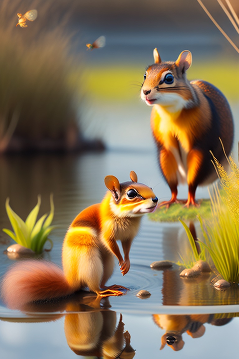 Lexica - A honey bee, a Squirrel and a frog stand near pond