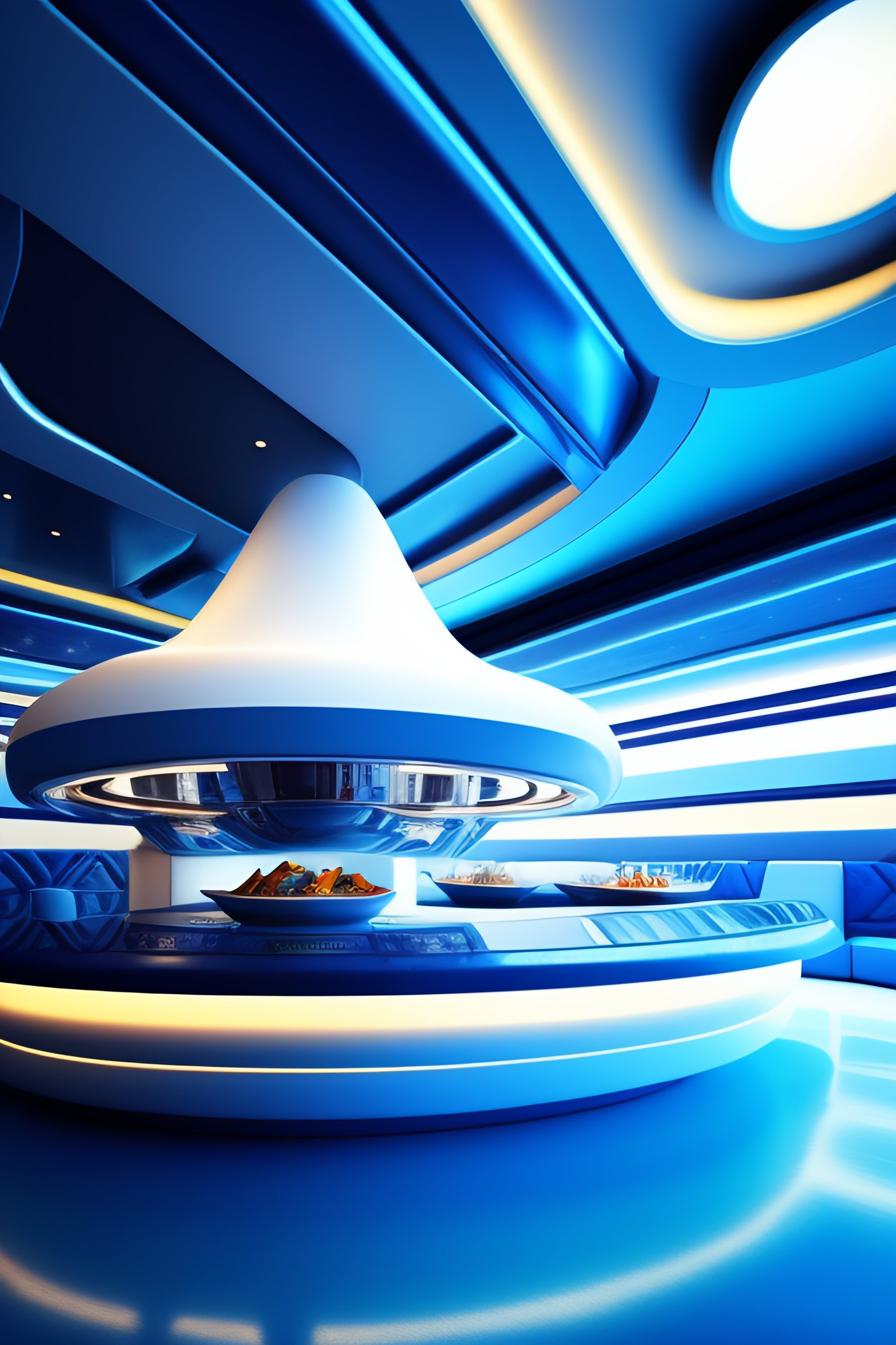 Lexica - Restaurant futuristic design, spaceship, white, blue