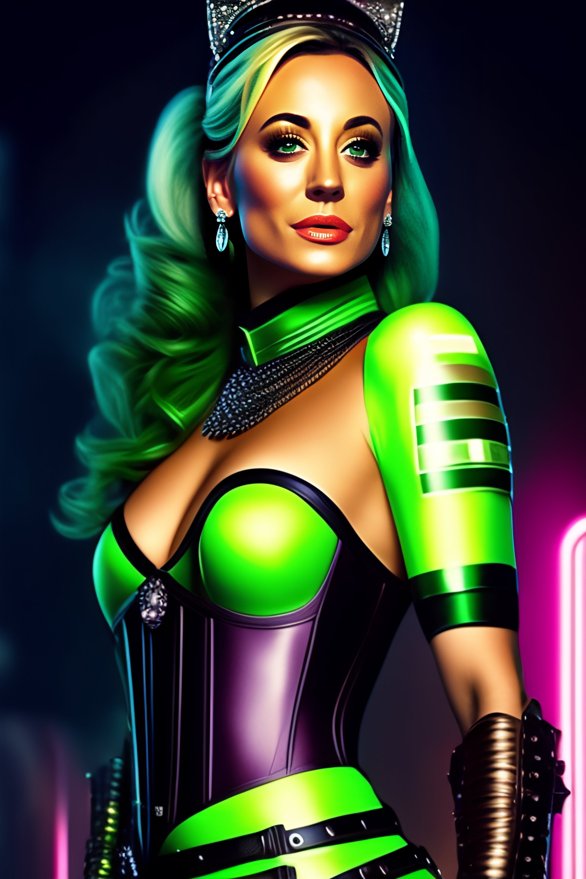 Lexica - Kaley Cuoco as spacechick wearing a corset and stockings holding a  green lightsaber