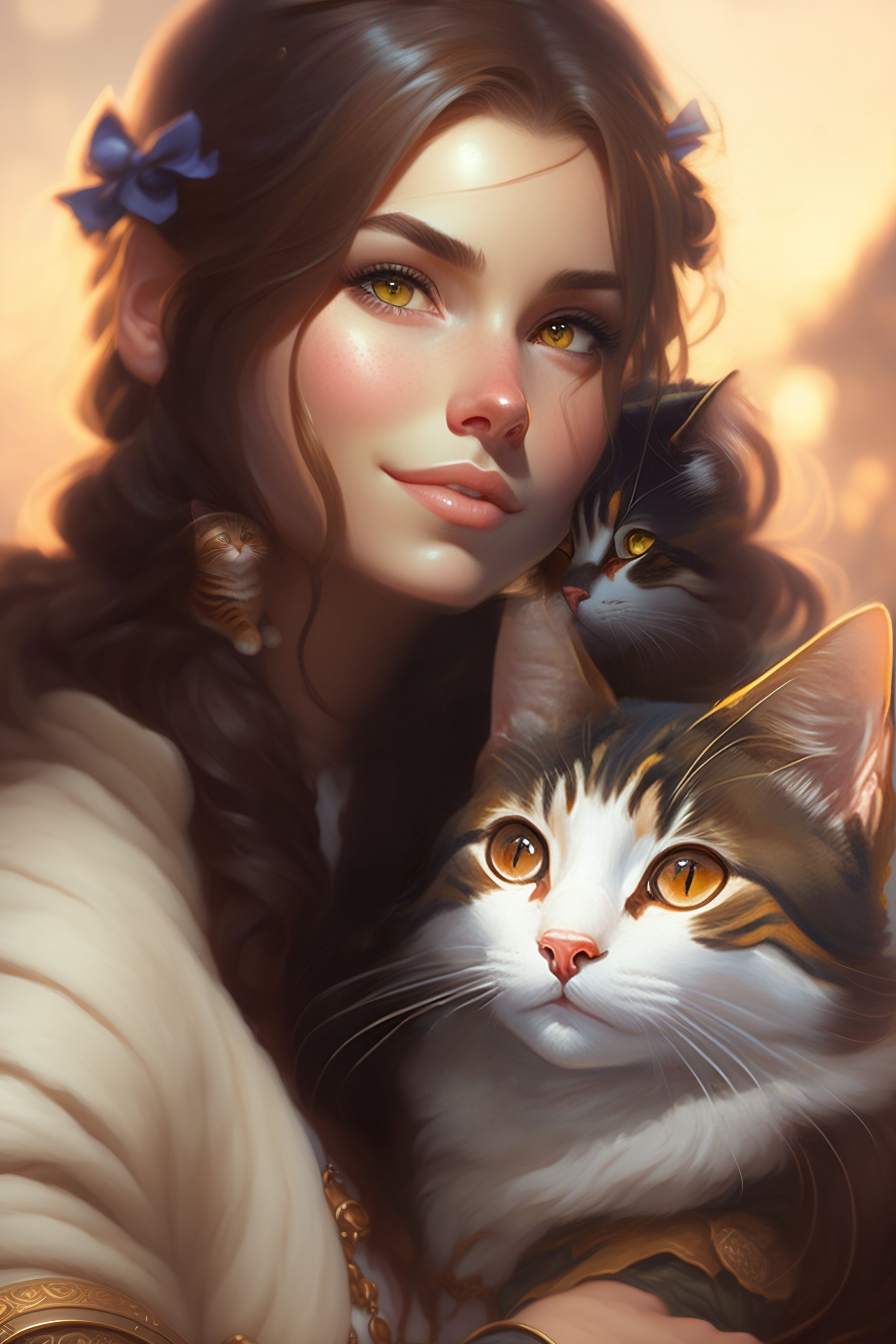 Lexica - A detailed portrait of a cute brunette girl hugging a tabby ...