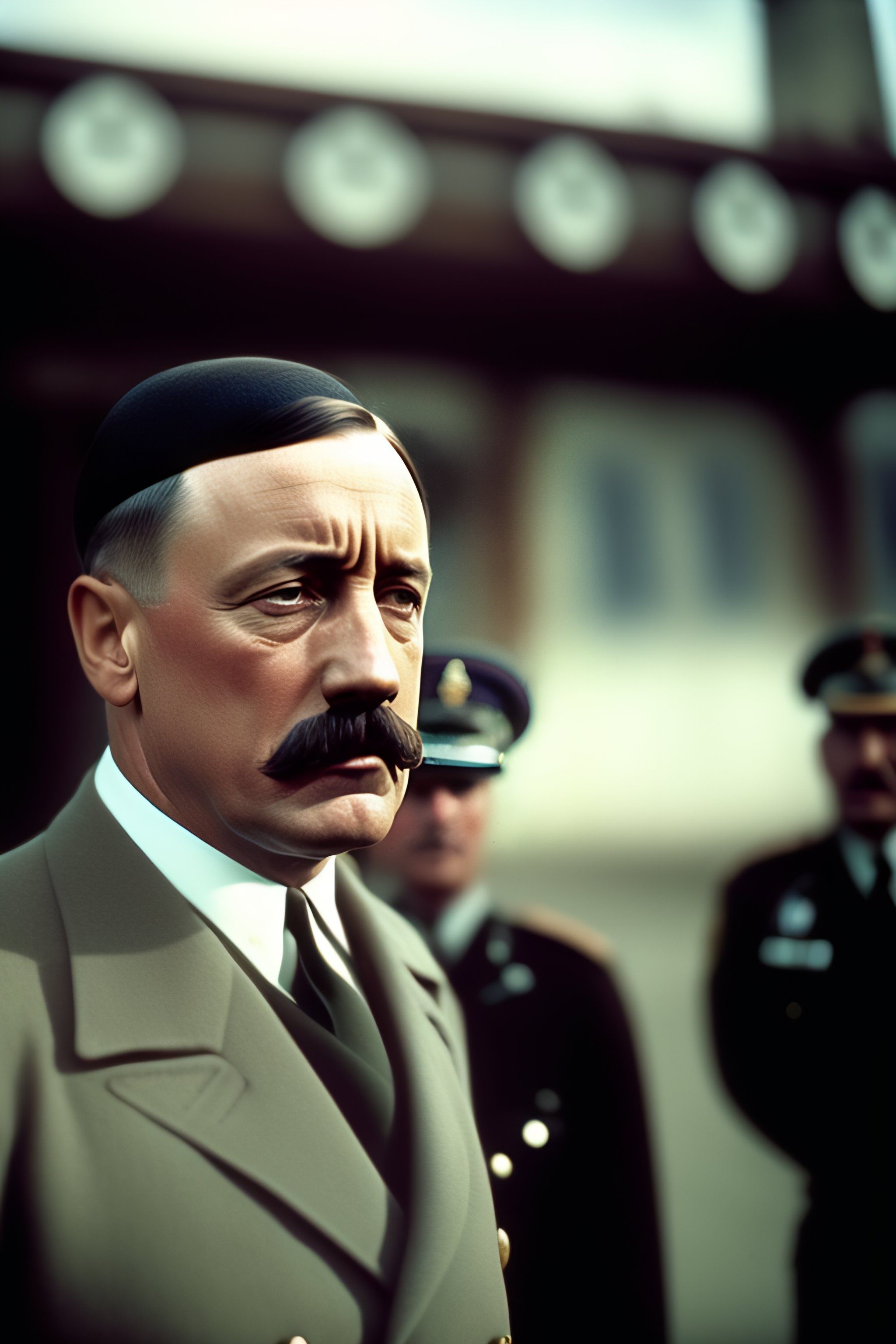 Lexica - Photo of Hitler crying at the camera. Behind him there's a gas ...