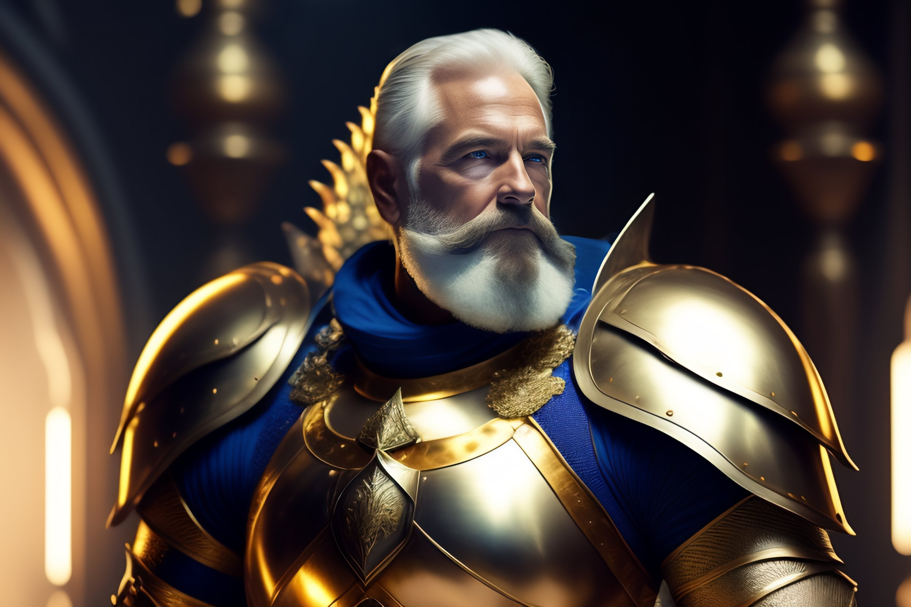 Lexica 60 year old male white human, white bearded, using a golden