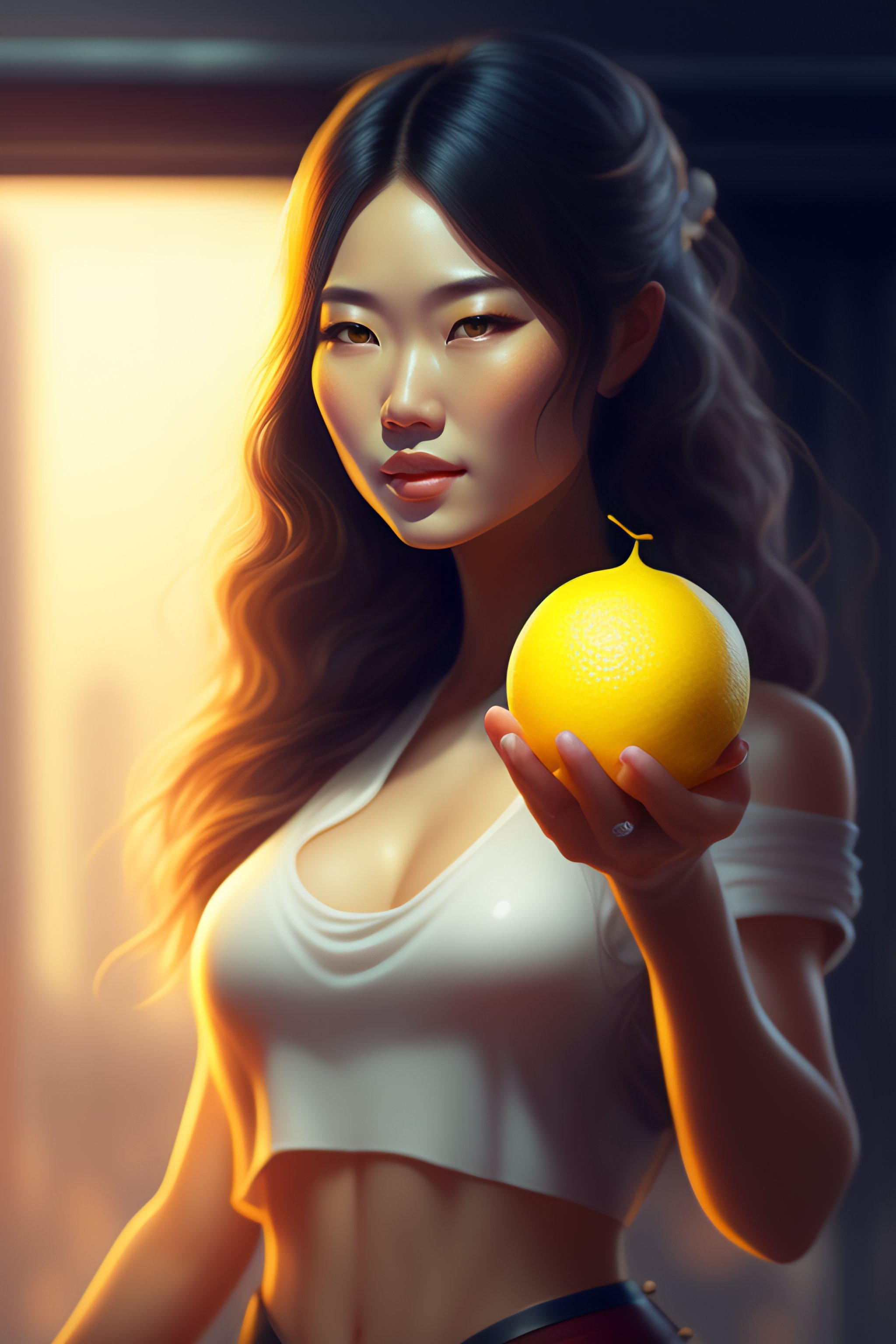 Lexica Half swedish and half japanese woman, holding a small lemon