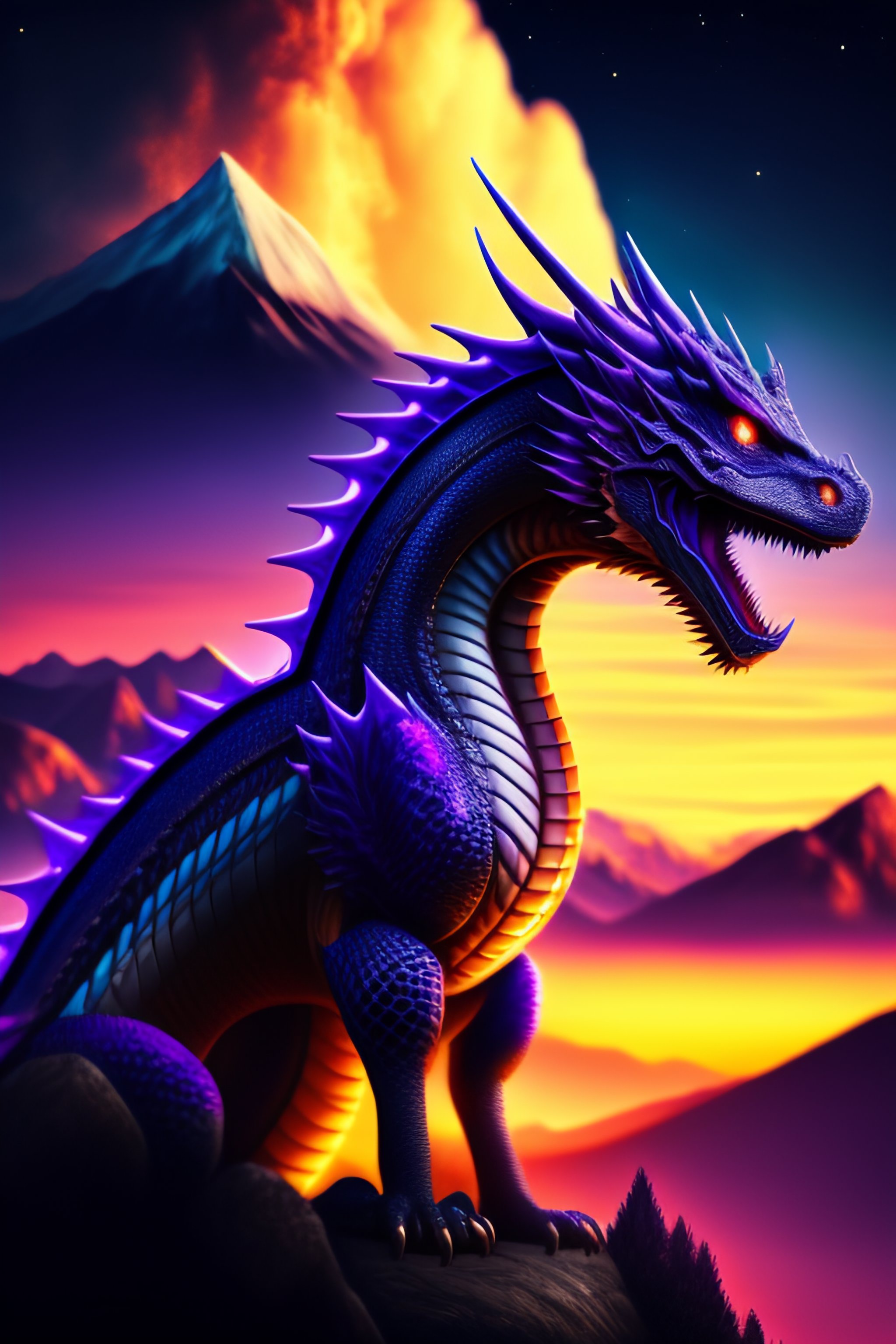 Lexica - Platinum dragon with purple nebula eyes on a mountain watching ...