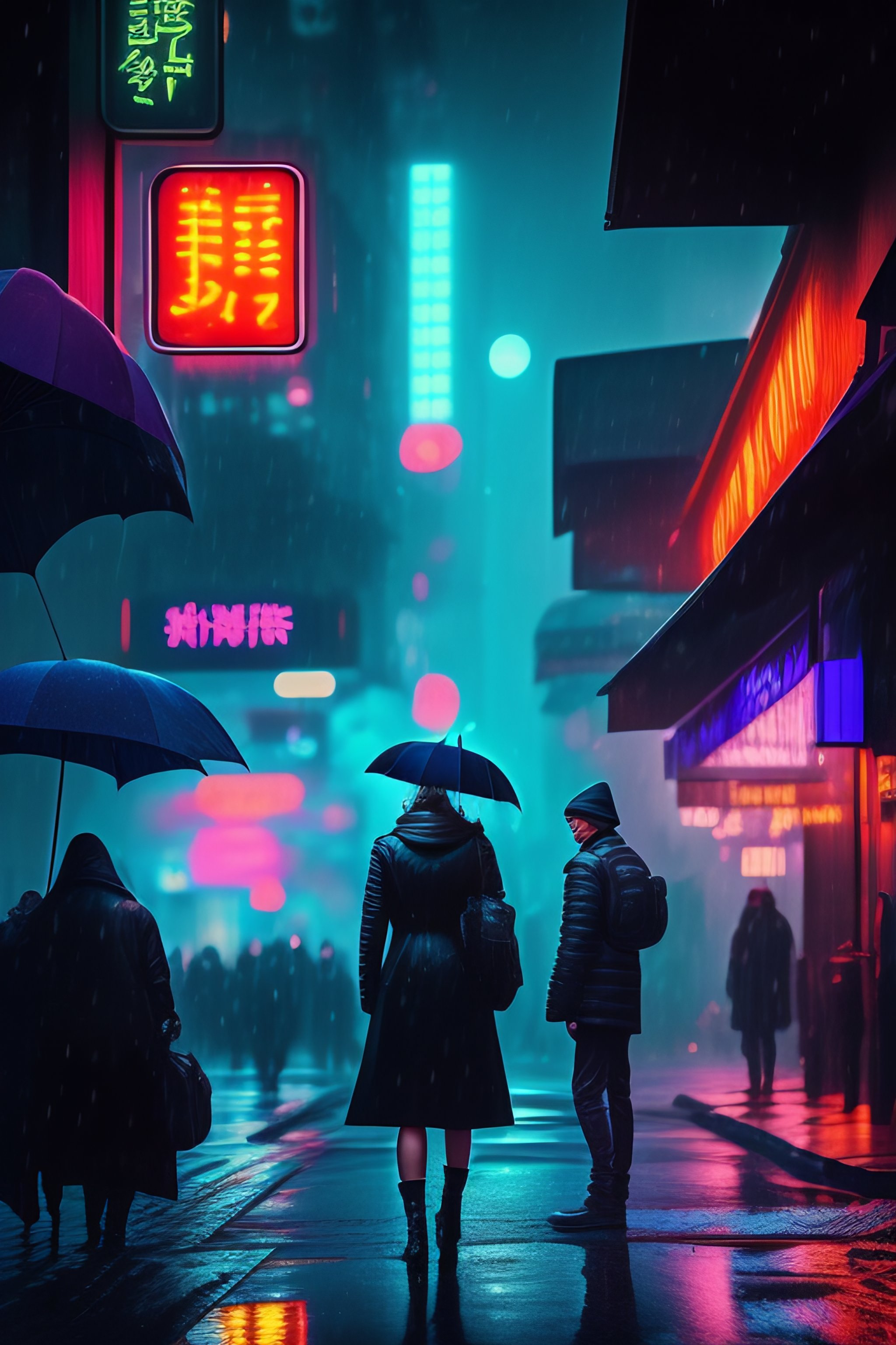Lexica - Cyberpunk street scene raining nighttime with neon signs ...