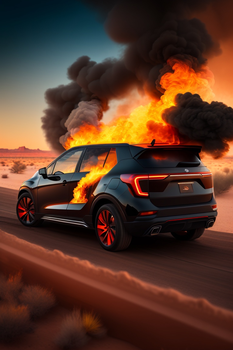 Lexica - Photorealistic car on fire on the side of a desert road, black ...