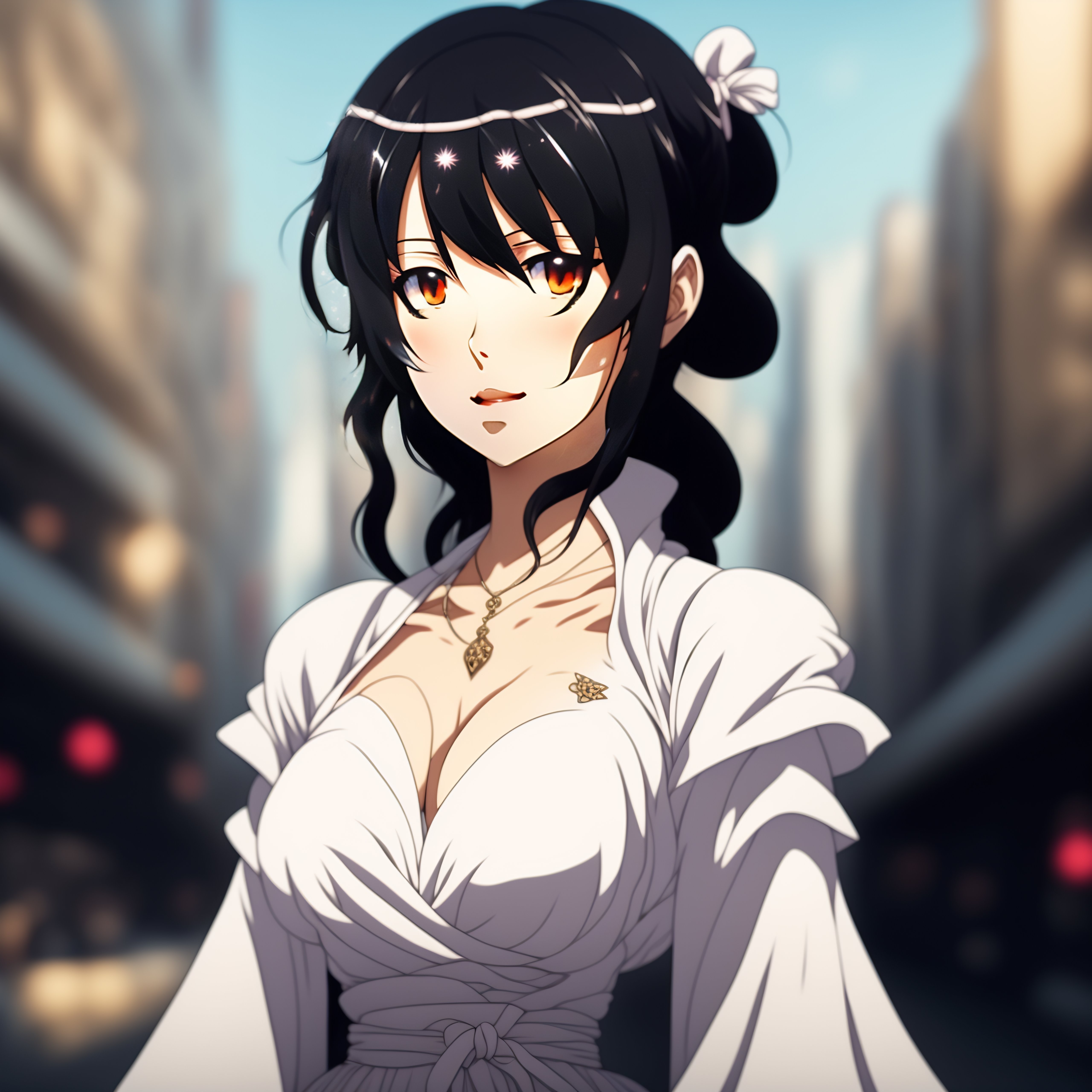 Lexica - Anime style, woman standing facing away from camera, black hair,  wearing a white dress