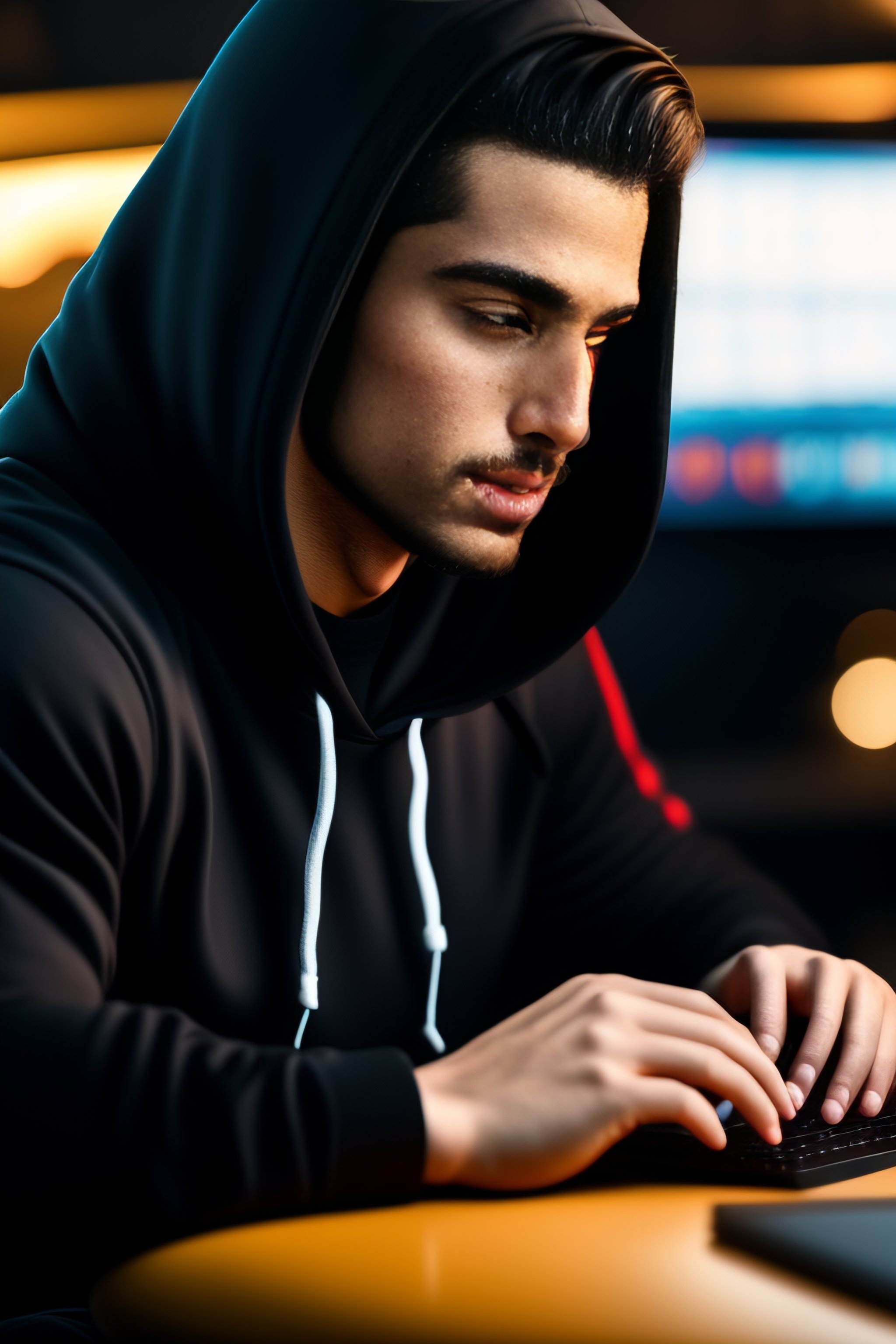 Lexica - A guy in a black hooded sweatshirt sitting at a computer ...