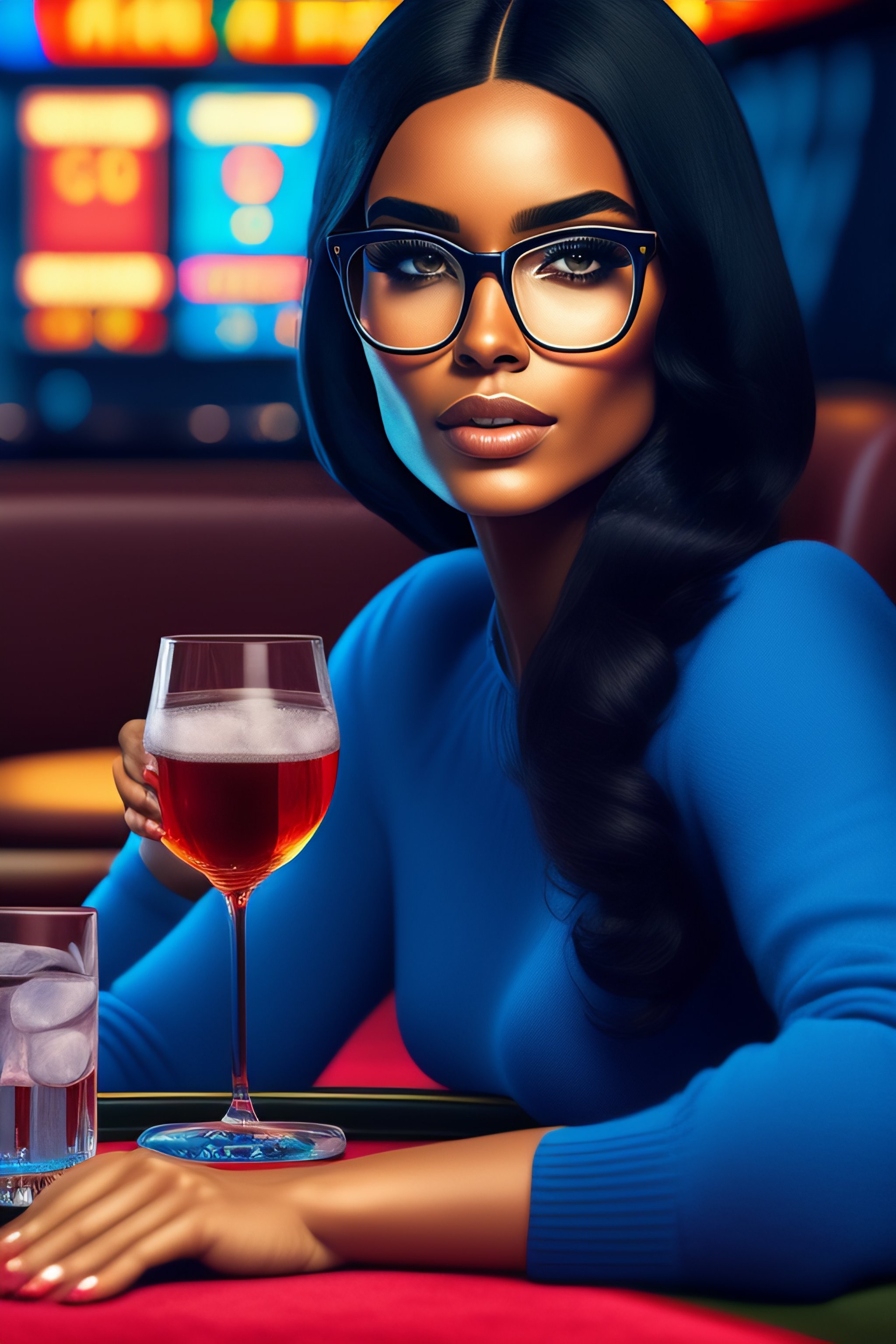 Lexica - Cute girl gin black by black sitting drinking table glasses tonic poker sweater blue a wayfarer c with a hair in casino inside background
