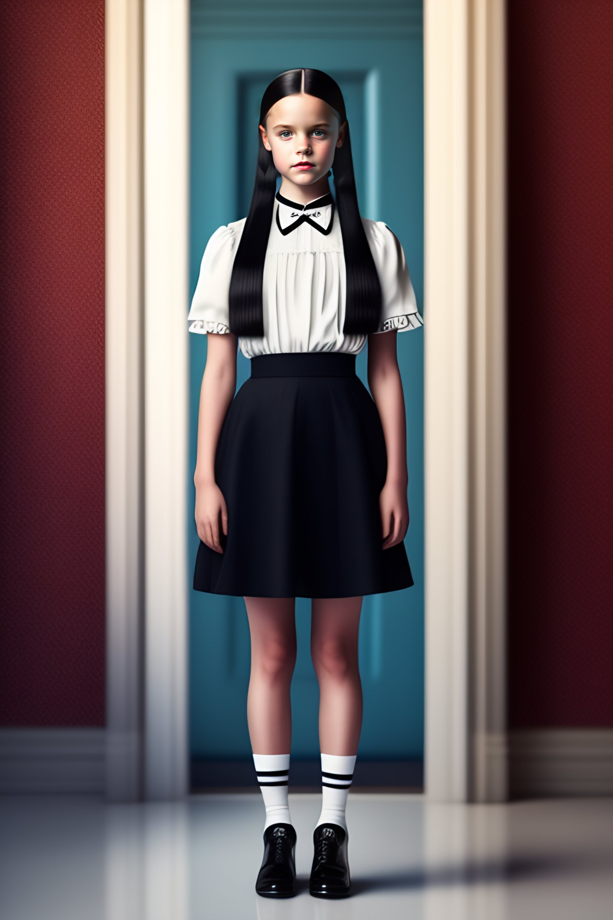 Lexica - Wednesday addams ,mini skirt, full body, pretty face, charming,  hyperrealism, photorealism