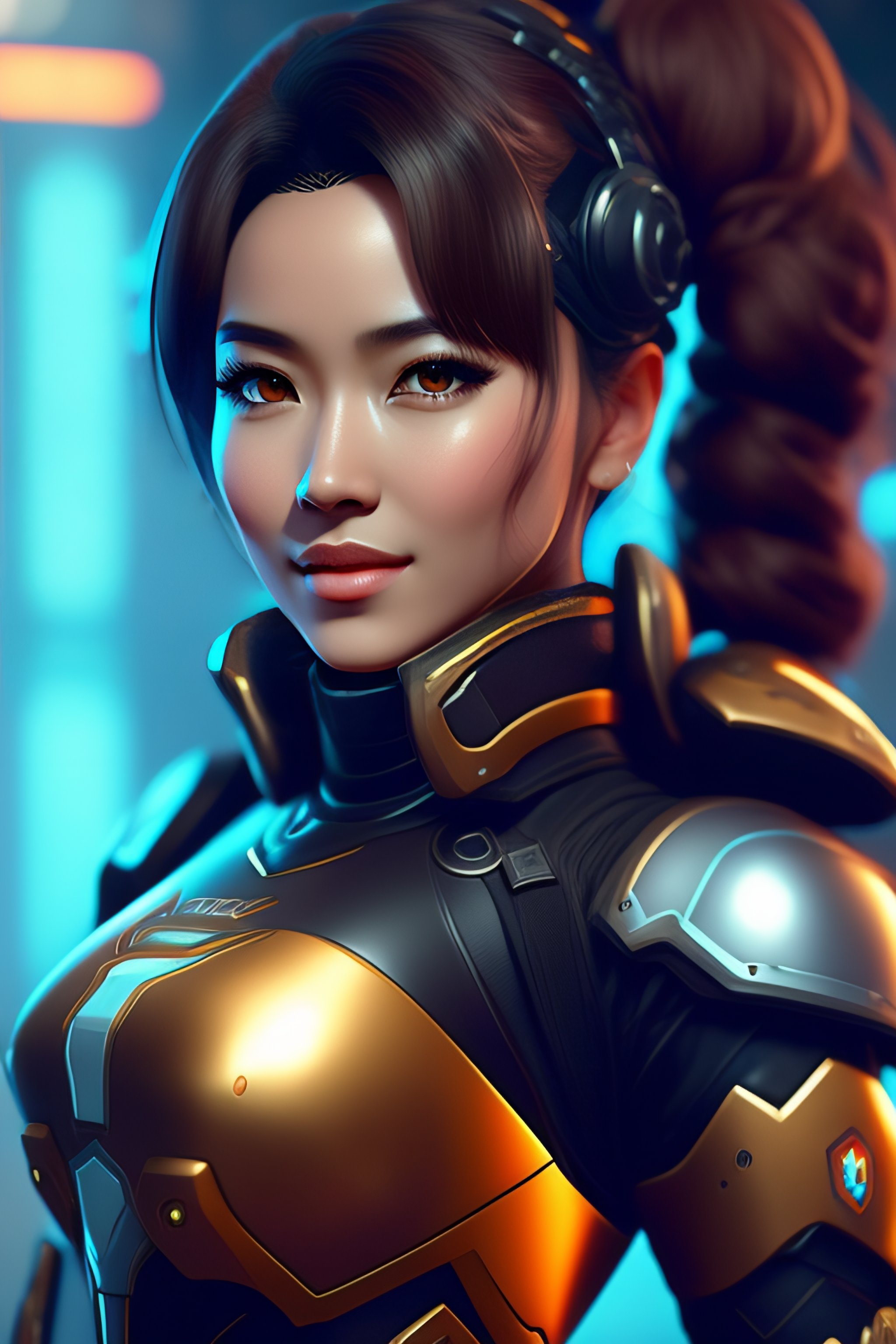 Lexica - A girl with a robotic armor and a black mace, overwatch style