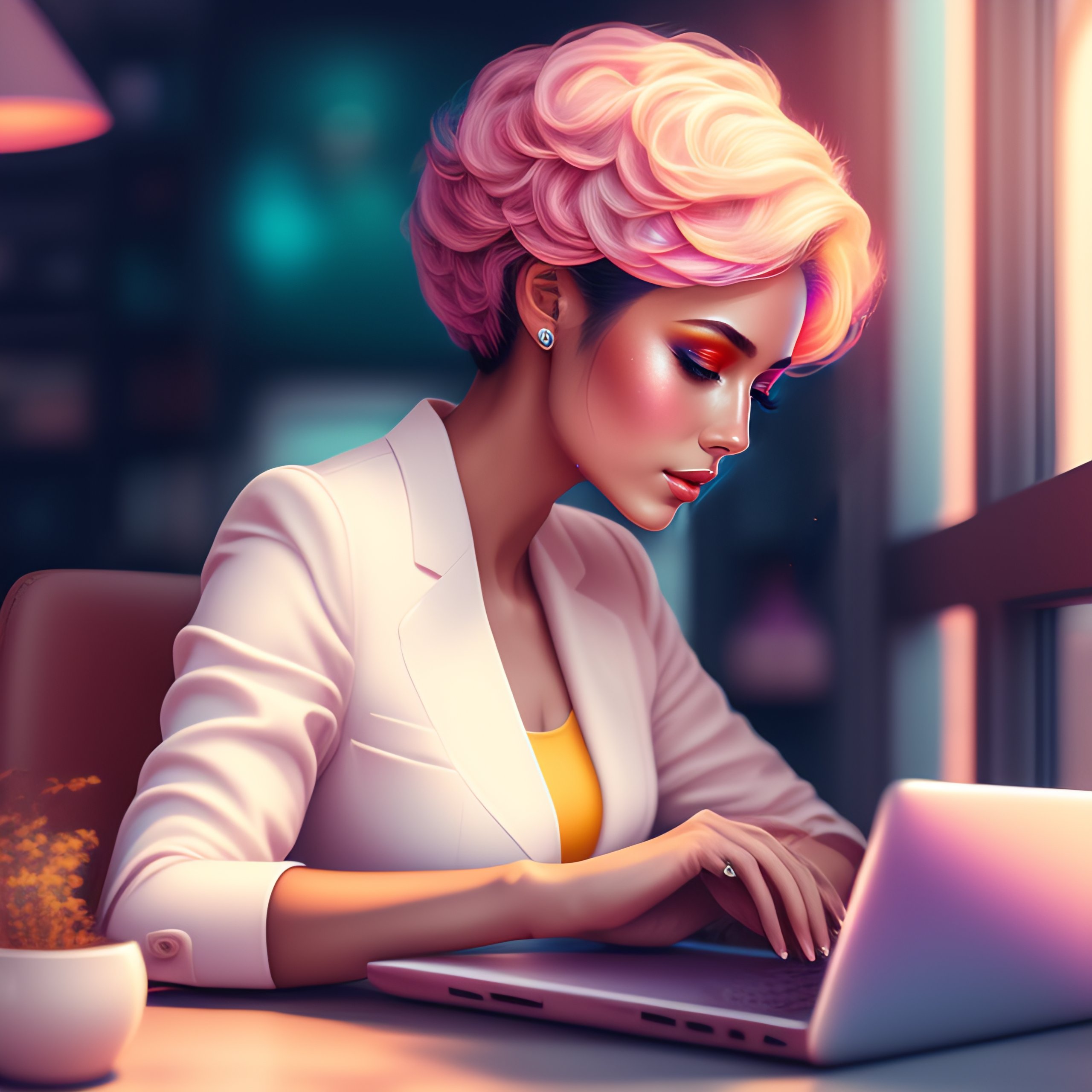 Lexica - Woman short hair programming on her laptop, coding aesthetic ...