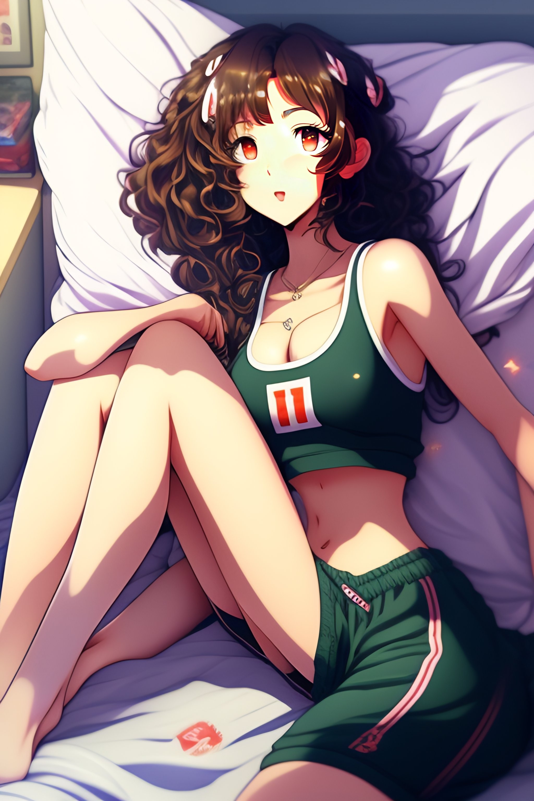 Lexica - Anime style, cute girl, 19 years old, medium curly brown hair,  skinny, flat belly visible, slim waist, thick, medium bust, gamer girl crop  t...