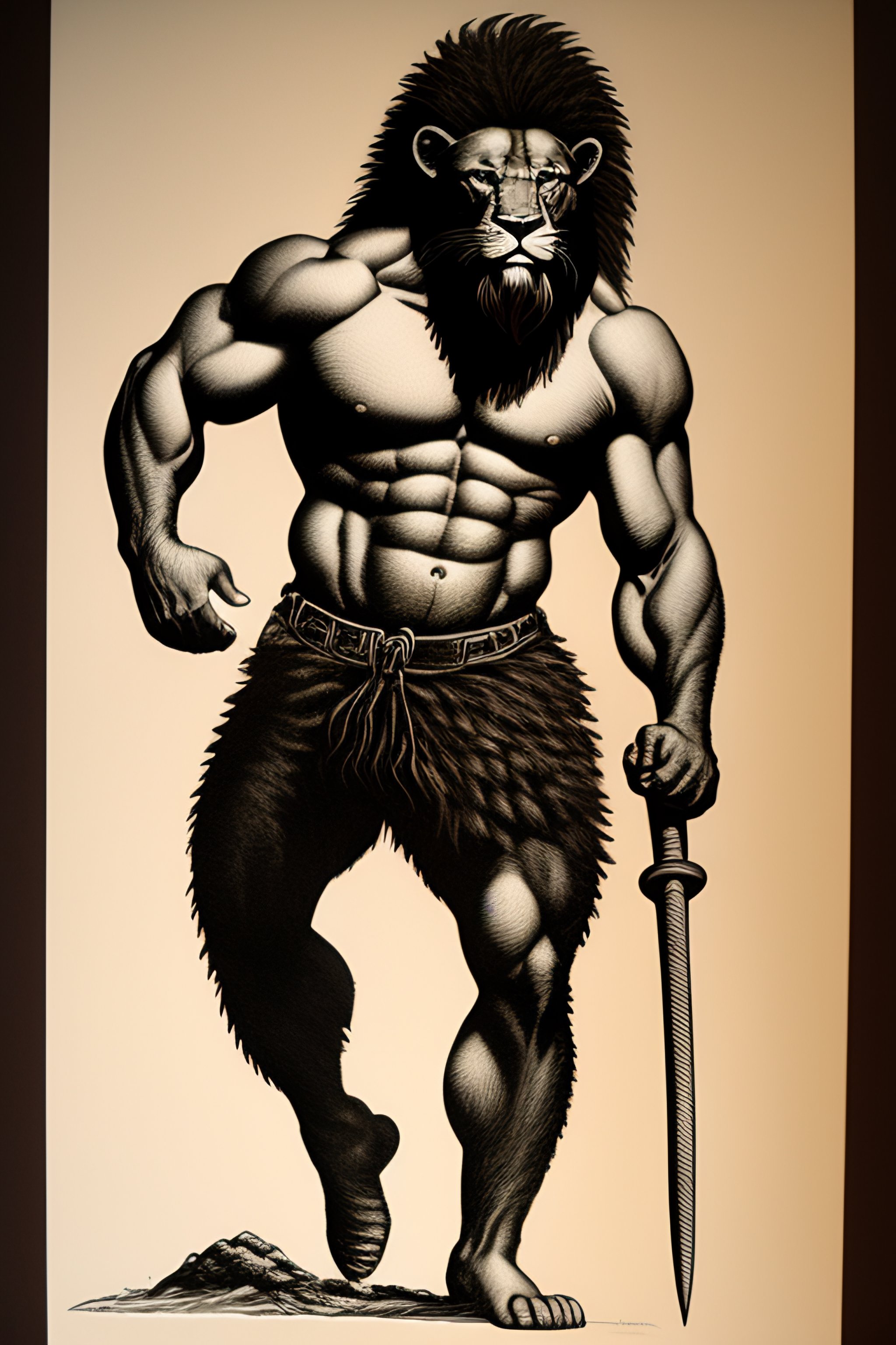 Lexica - A ink drawing full body of an anthromorphic lionman. holding a ...
