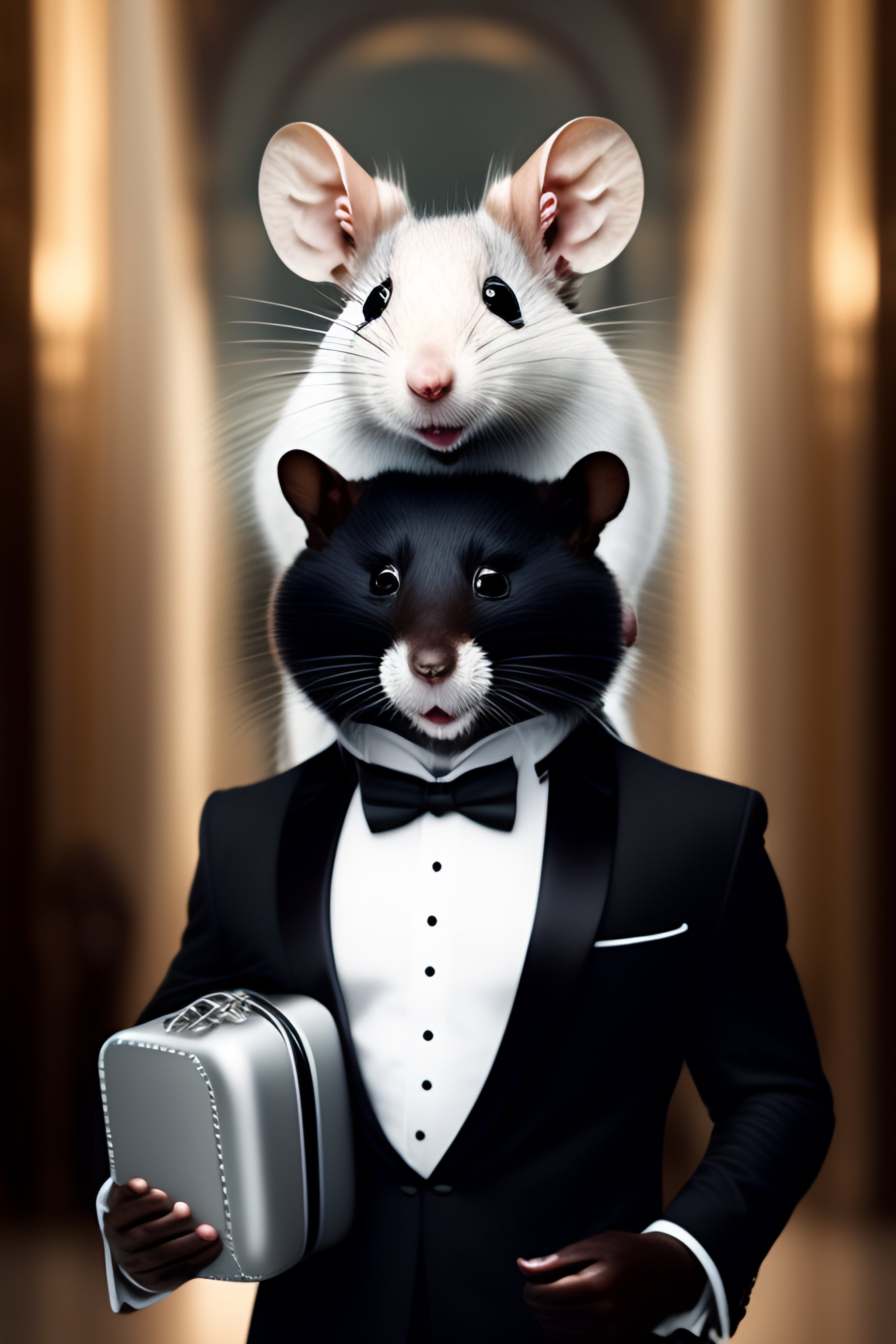 Lexica - Anthropomorphic white rat in a bodyguard black tuxedo , with a ...