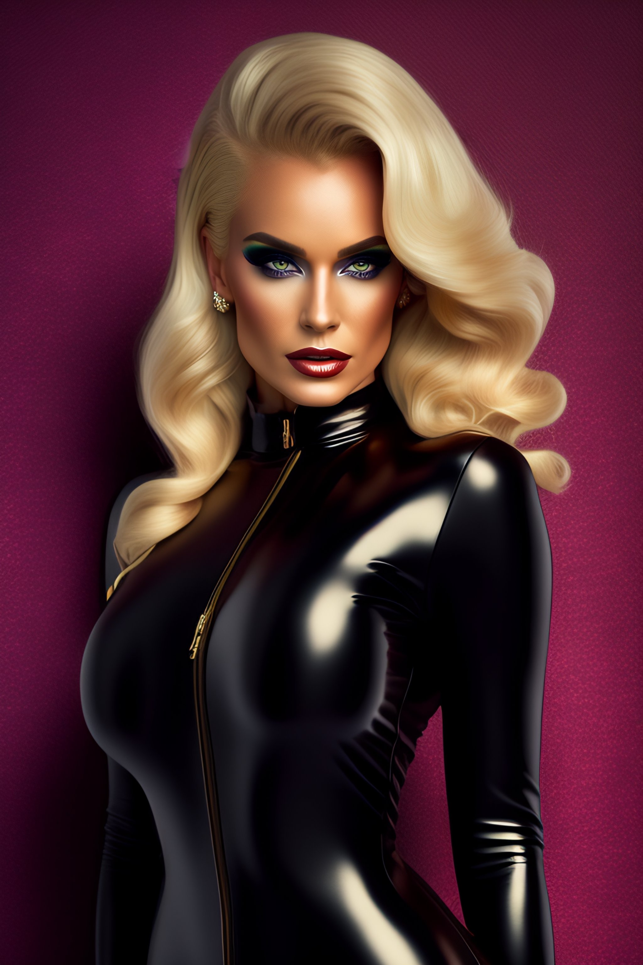 Lexica - Hot blonde with blue eyes, black latex full body suit
