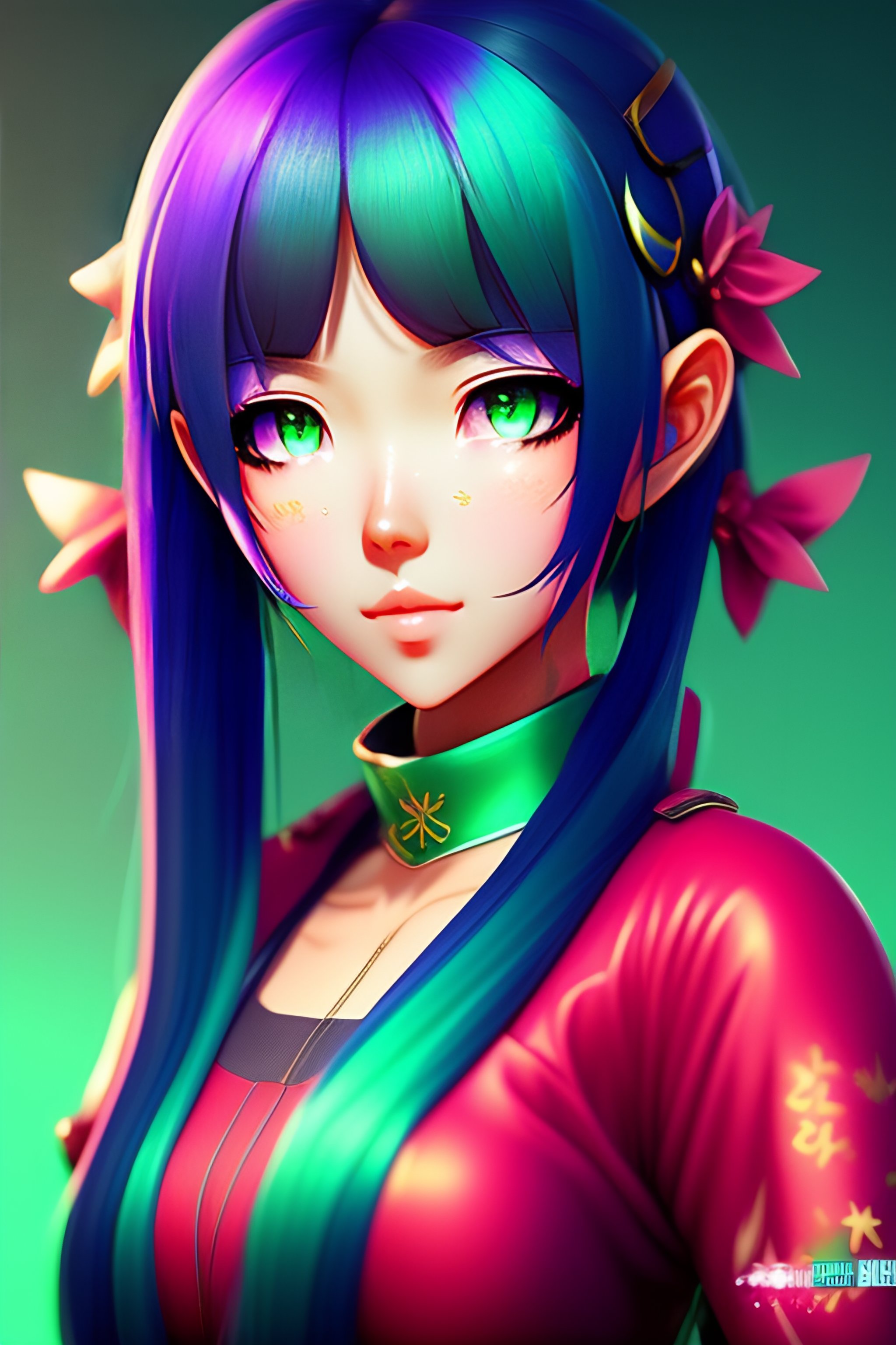 Lexica - Anime girl, short green/blue gradient hair pigtail, pink eyes ...