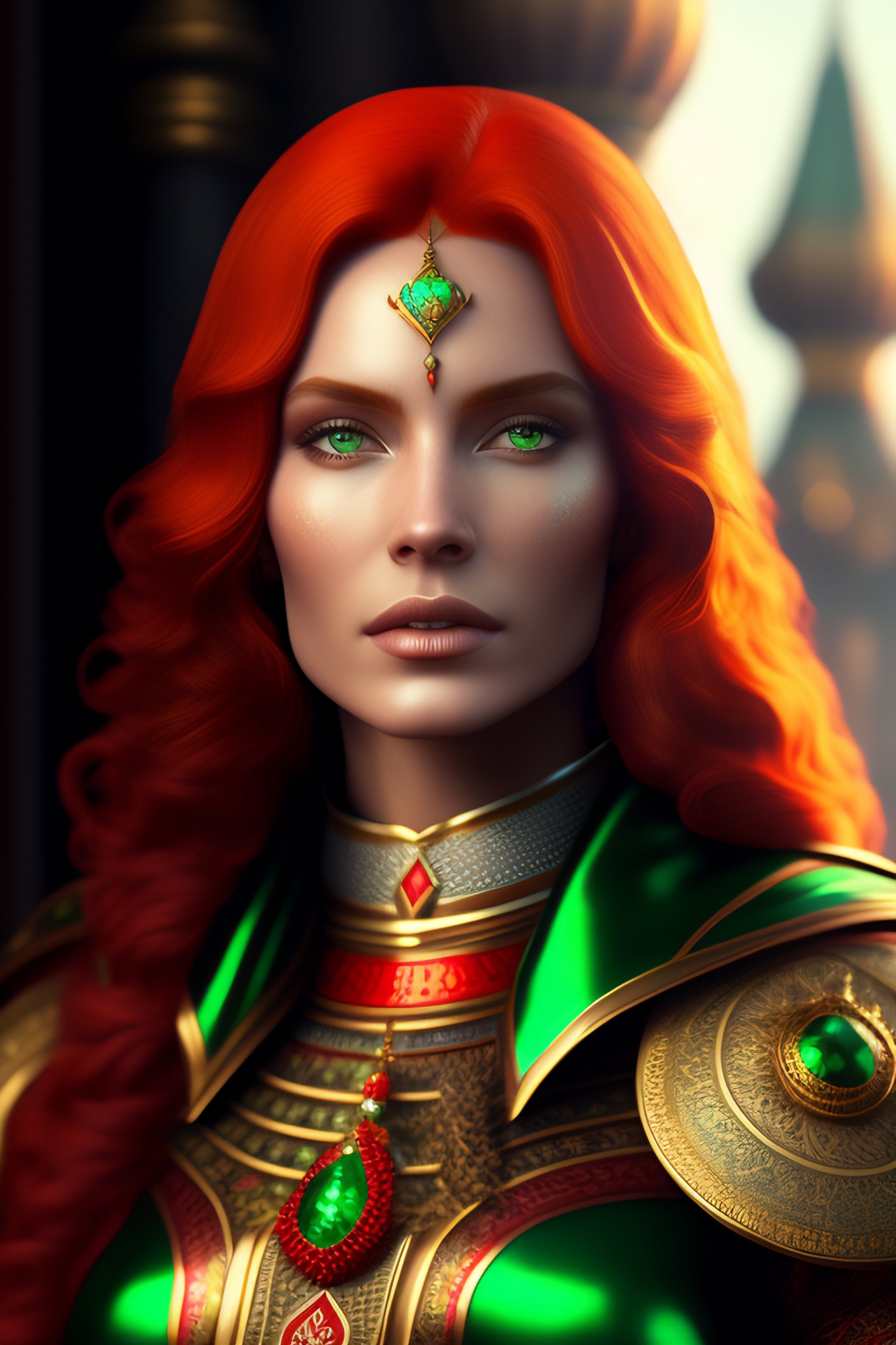 Lexica - Red hair Woman in engraved ivory and emerald armor, regalia ...