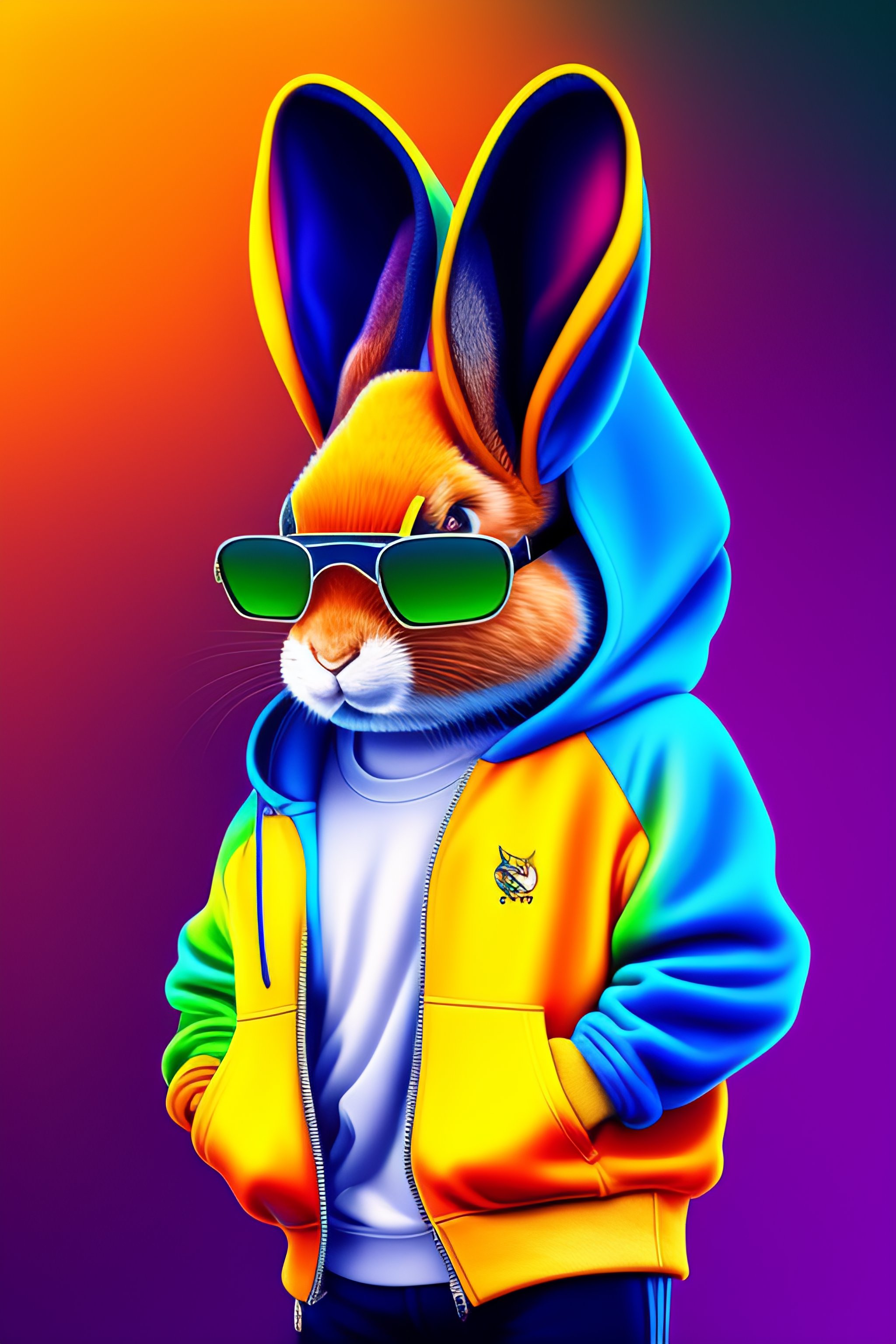 Lexica - A stuffed rabbit wearing a colorful hoodie and sunglasses, hip ...