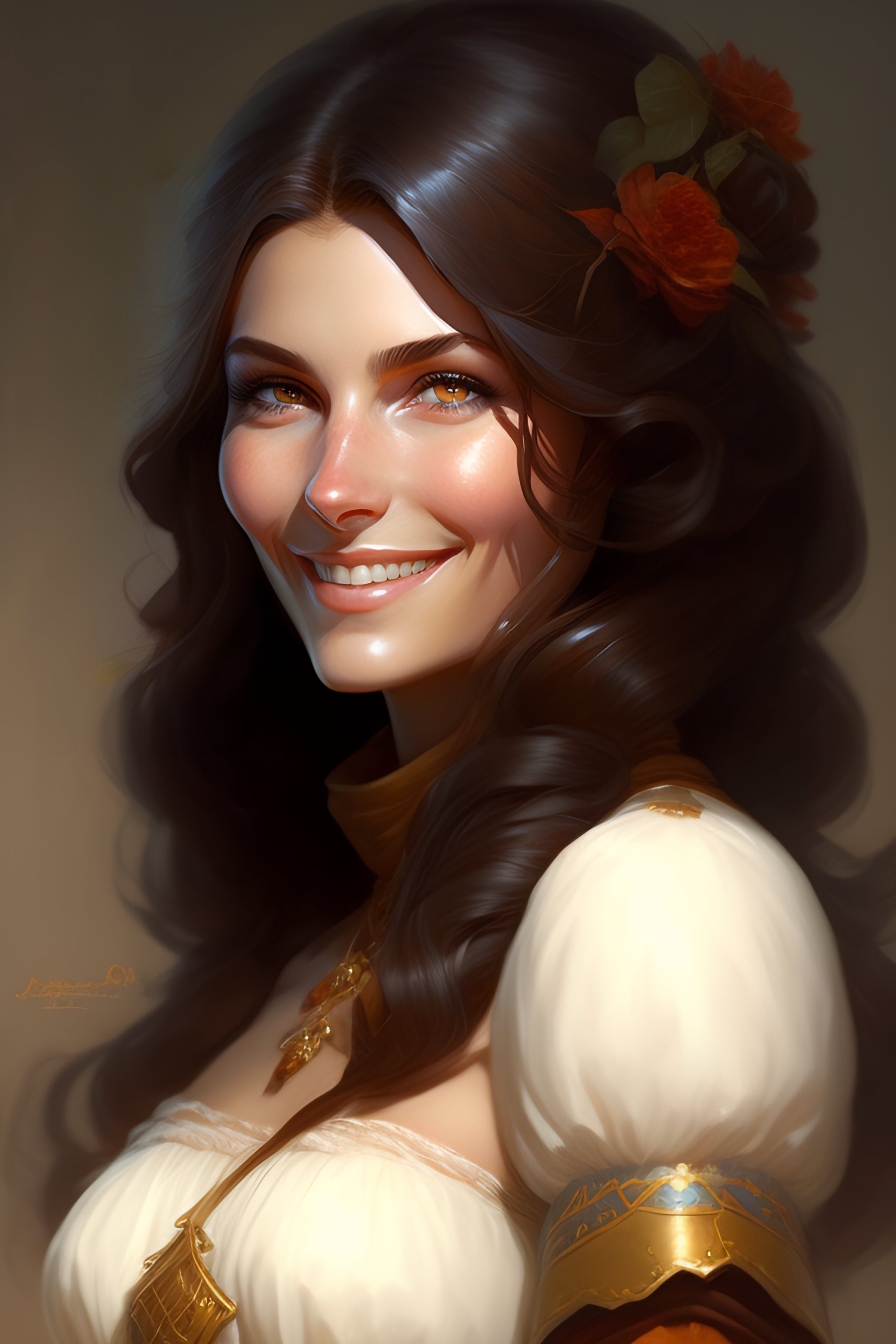 Lexica - A detailed portrait of a cute brunette woman with a shy smile  illustrator, by justin gerard and greg rutkowski, digital art, realistic  paint...