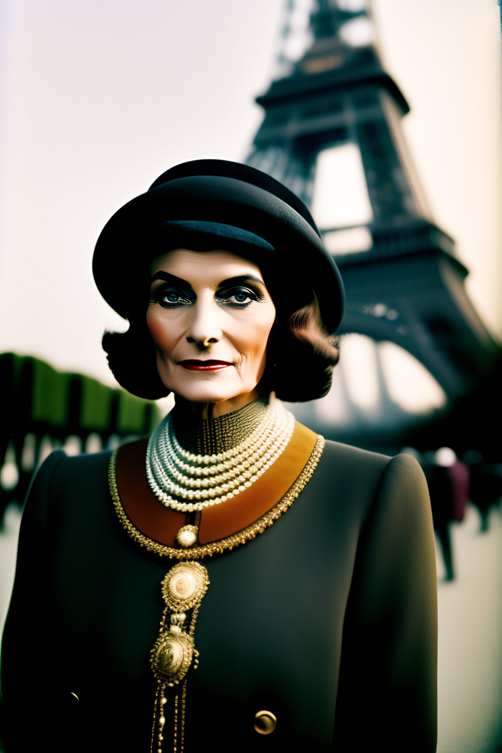 Lexica - Portrait of Coco Chanel in front of the Eiffel tower in Paris,  color polaroid, historic photo