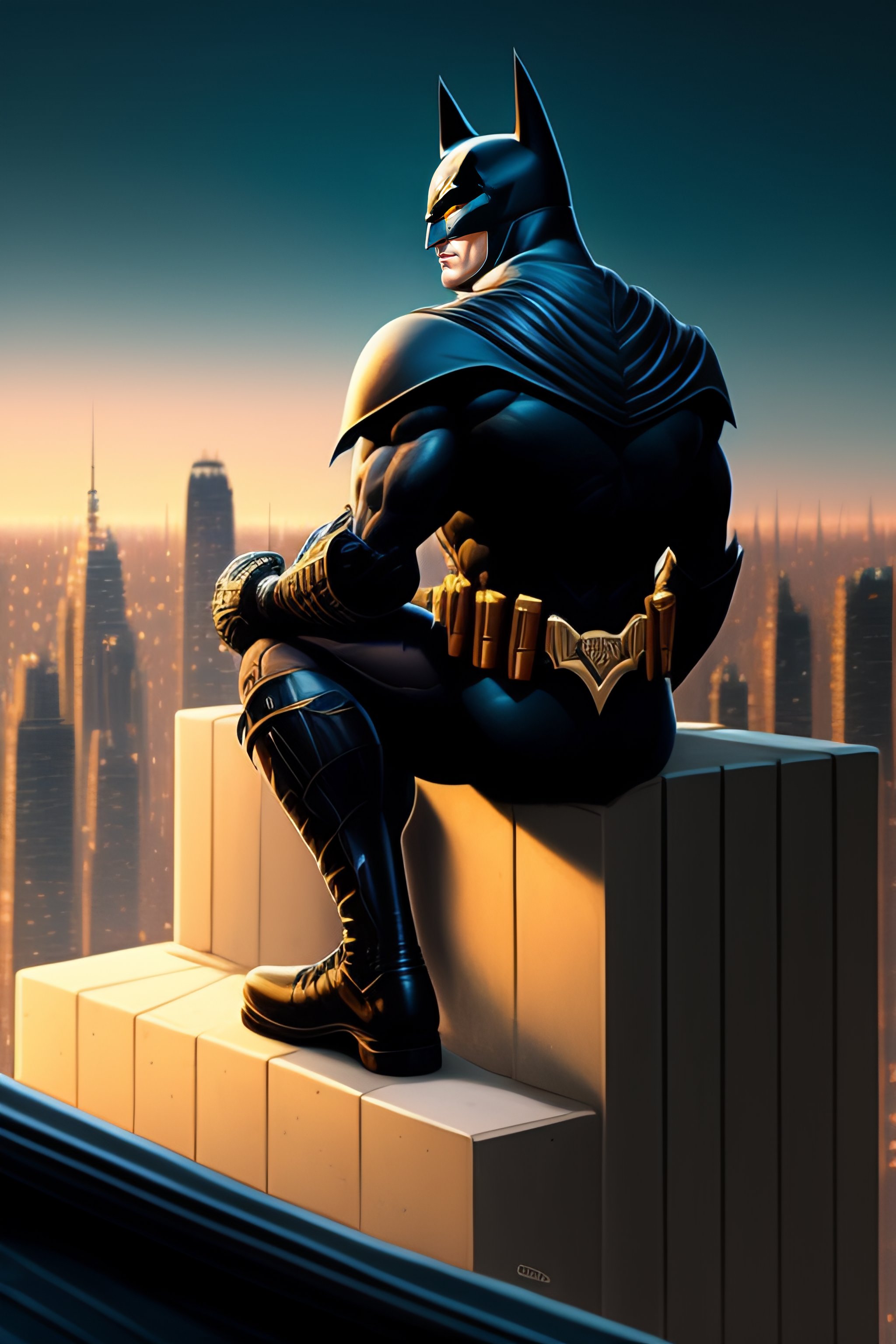 Lexica - Batman sitting on a roof looking down at a city below, extremely  detailed