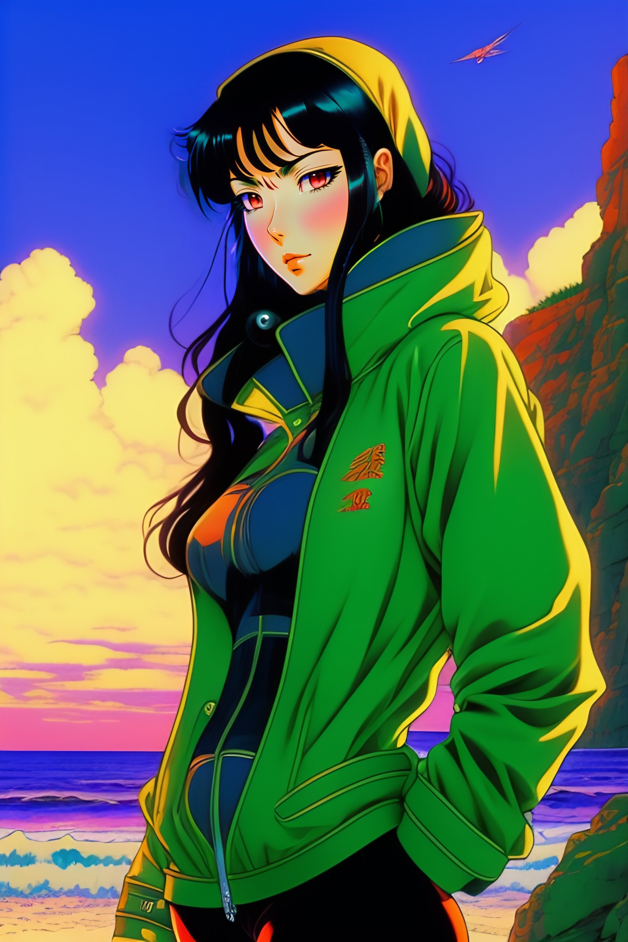 Lexica - Vintage 90's anime style. Somber moaning woman with black hair ...