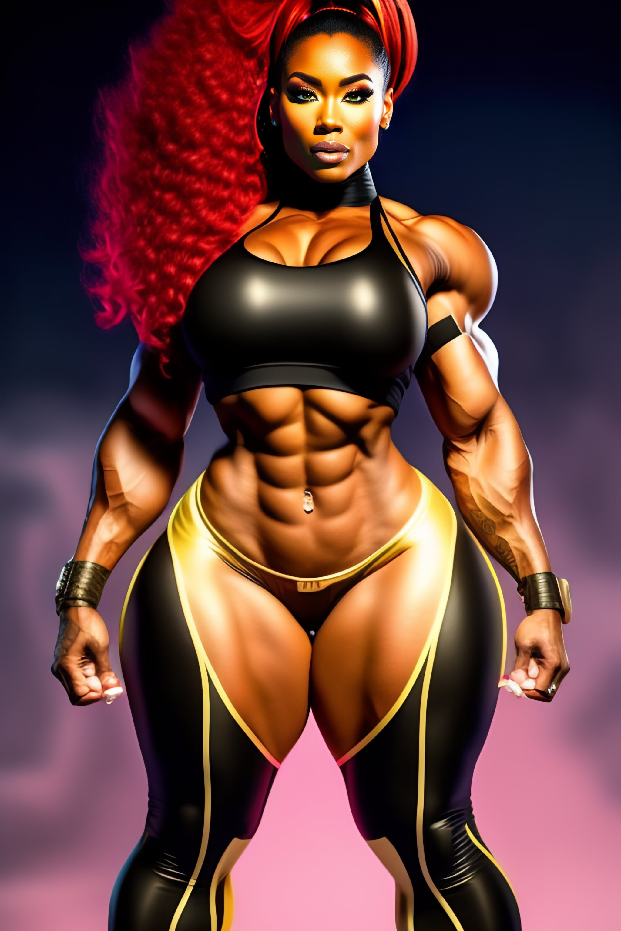 Lexica - Muscular cartoon anime woman with large waist and huge legs in tight  yoga pants:: ::black