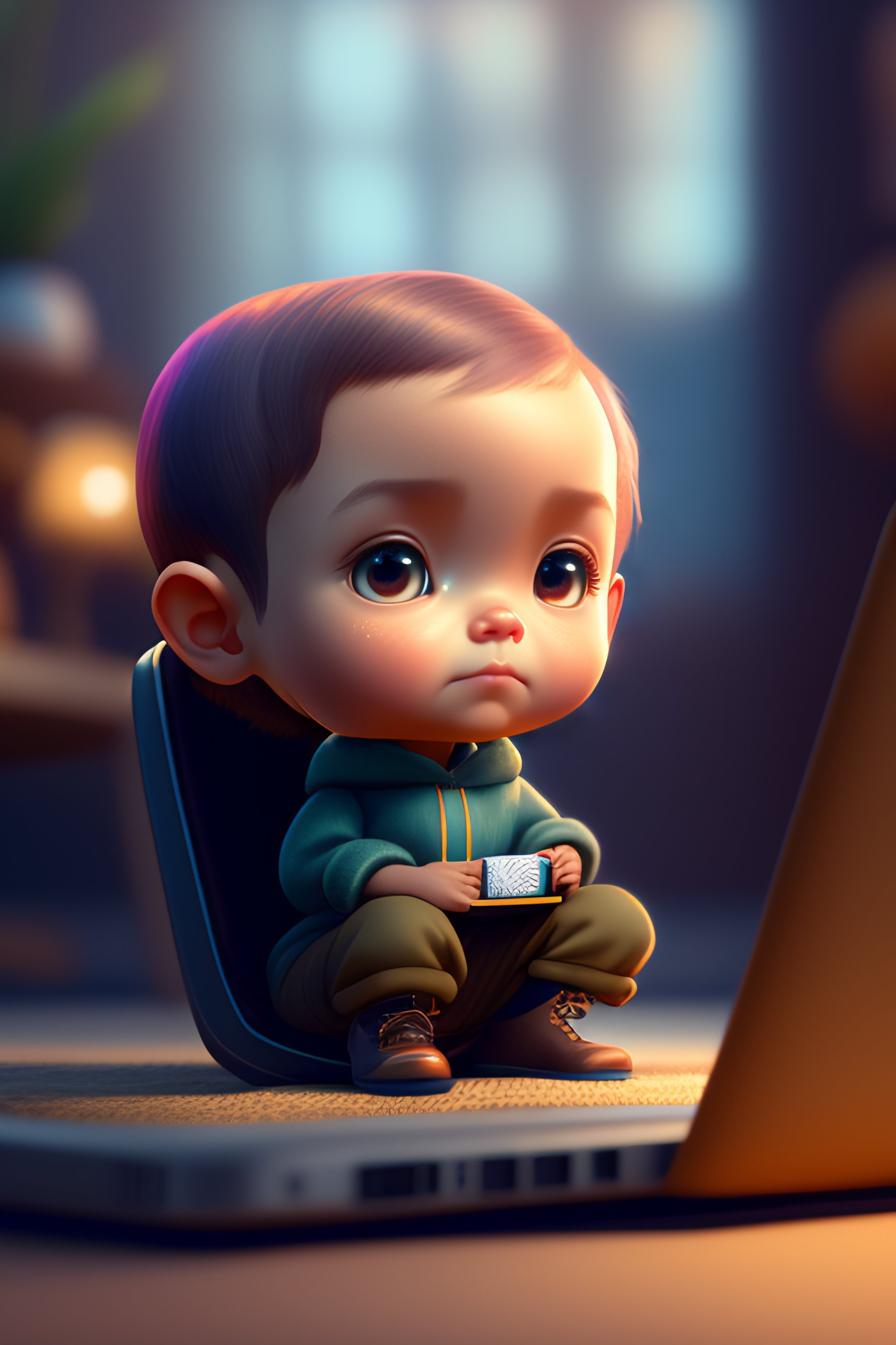 Lexica - Cute small humanoid random hero sitting in front of laptop ...