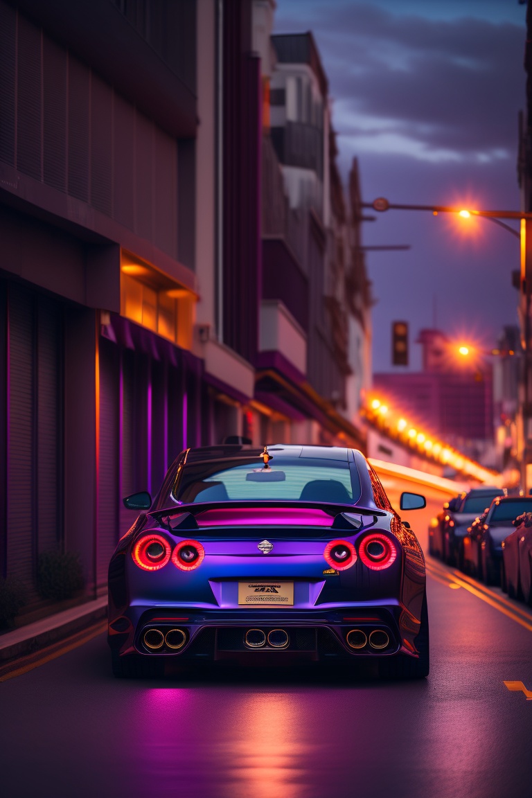 Lexica - Dark purple nissan skyline gtr in a neon city at night, shot ...