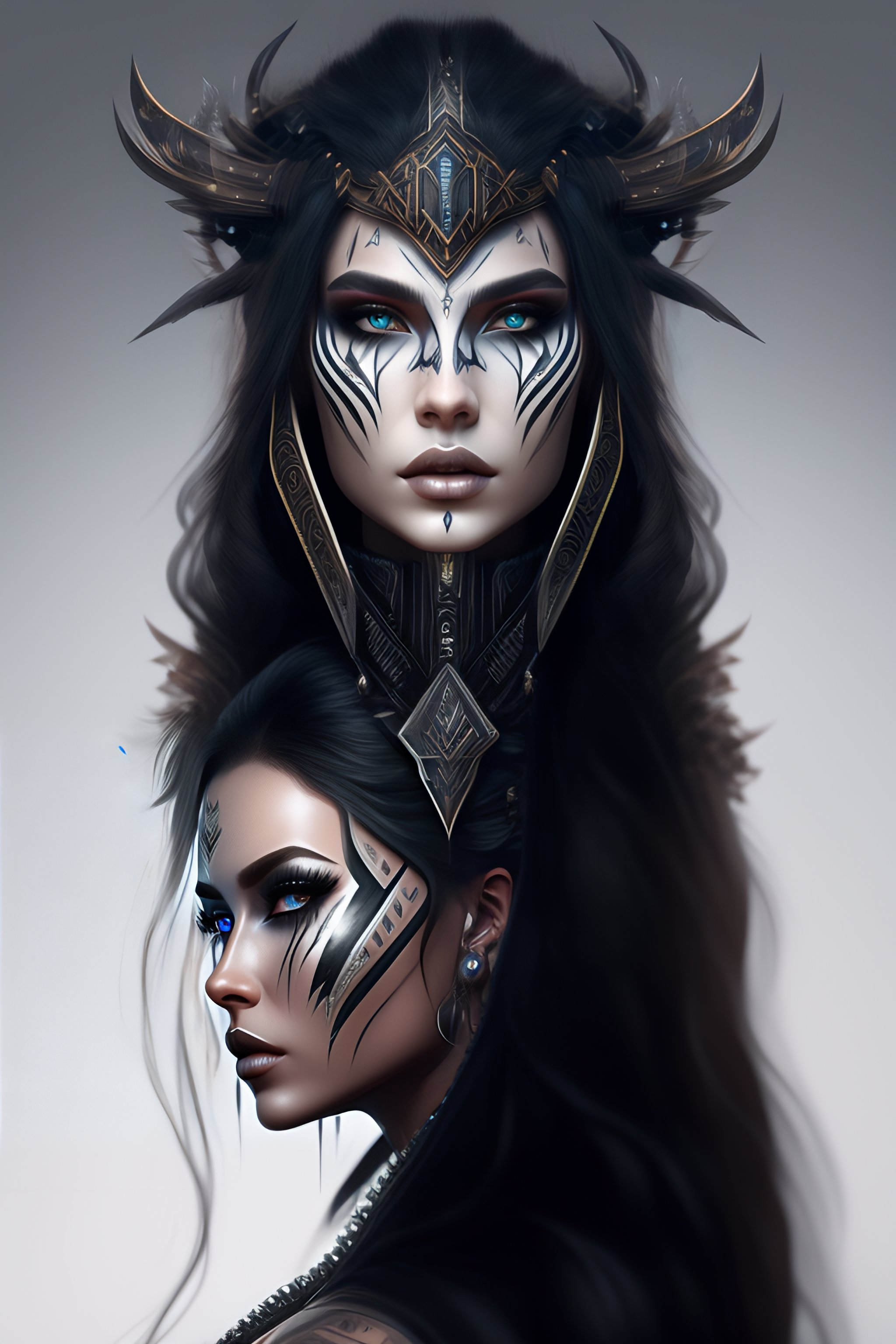 Lexica - Symmetry portrait cyborg with long hair, digital black