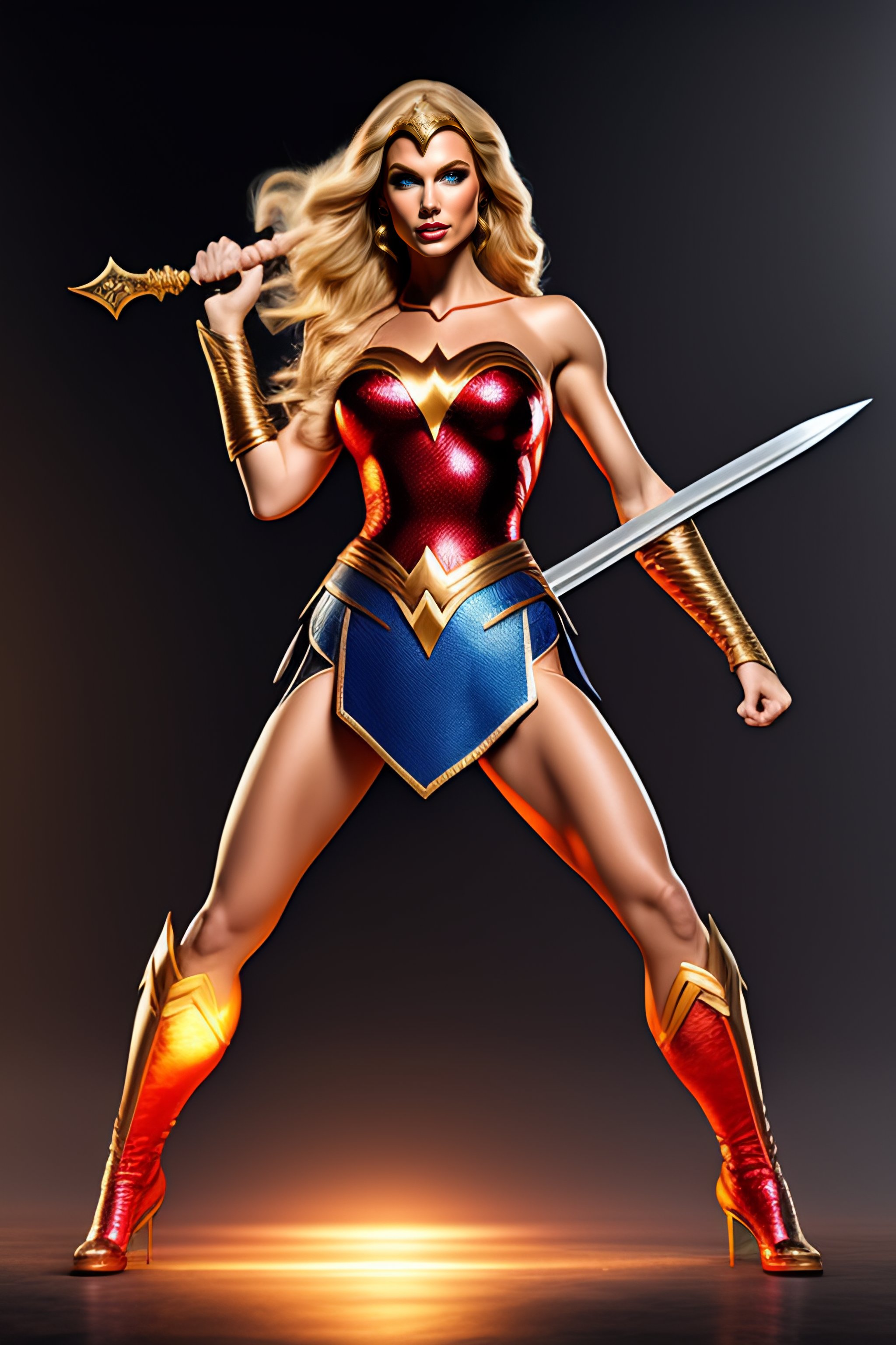 Lexica - Highly detailed full body of taylor swift)),blonde hair, wonder  woman costume, more muscles,fighting pose, holding long sword,global  illumin...