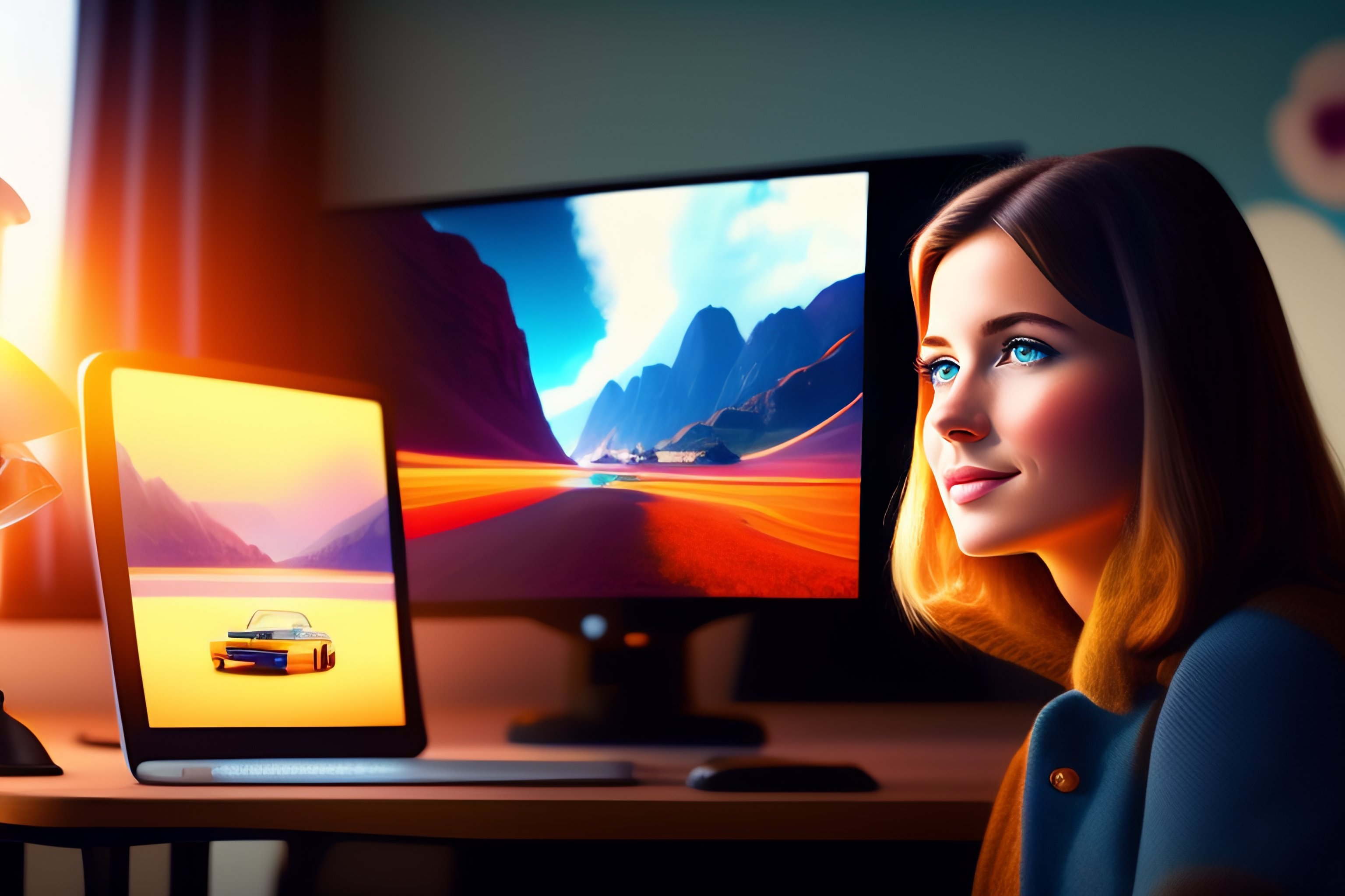Lexica - Poster pixar art girl of European appearance plays computer games