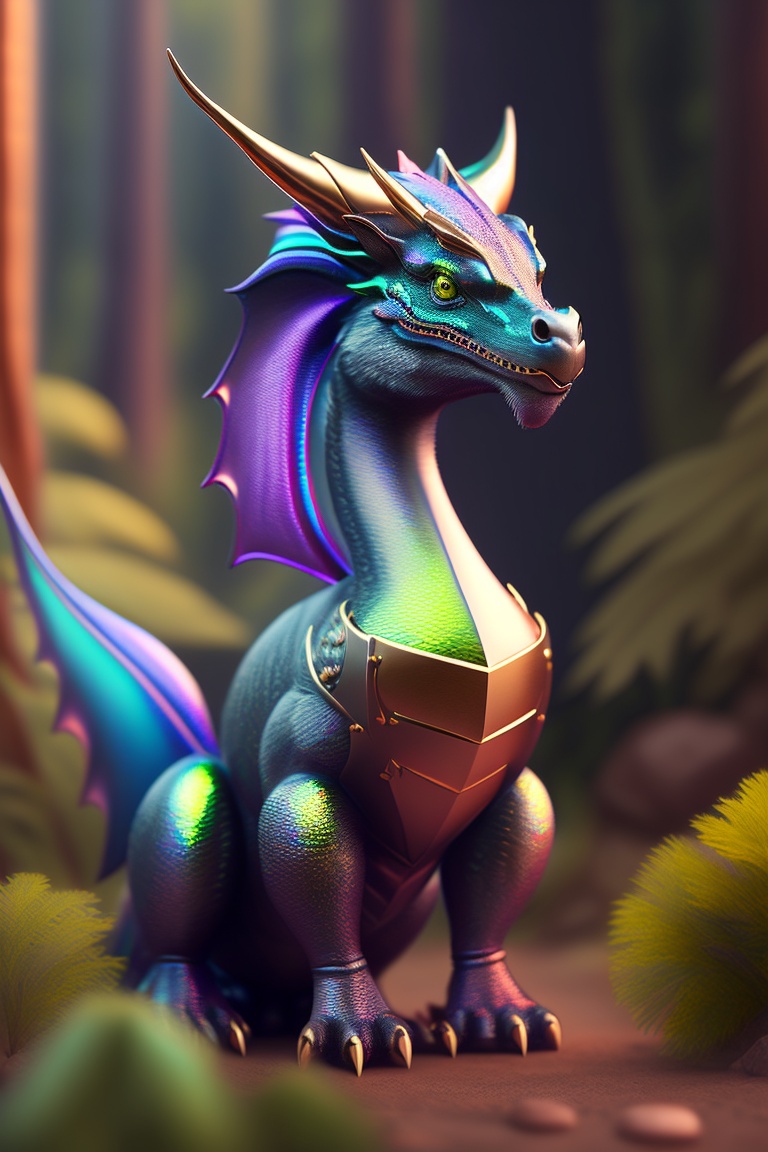 Lexica - Small, kind dragon in the forest, iridescent metal color ...