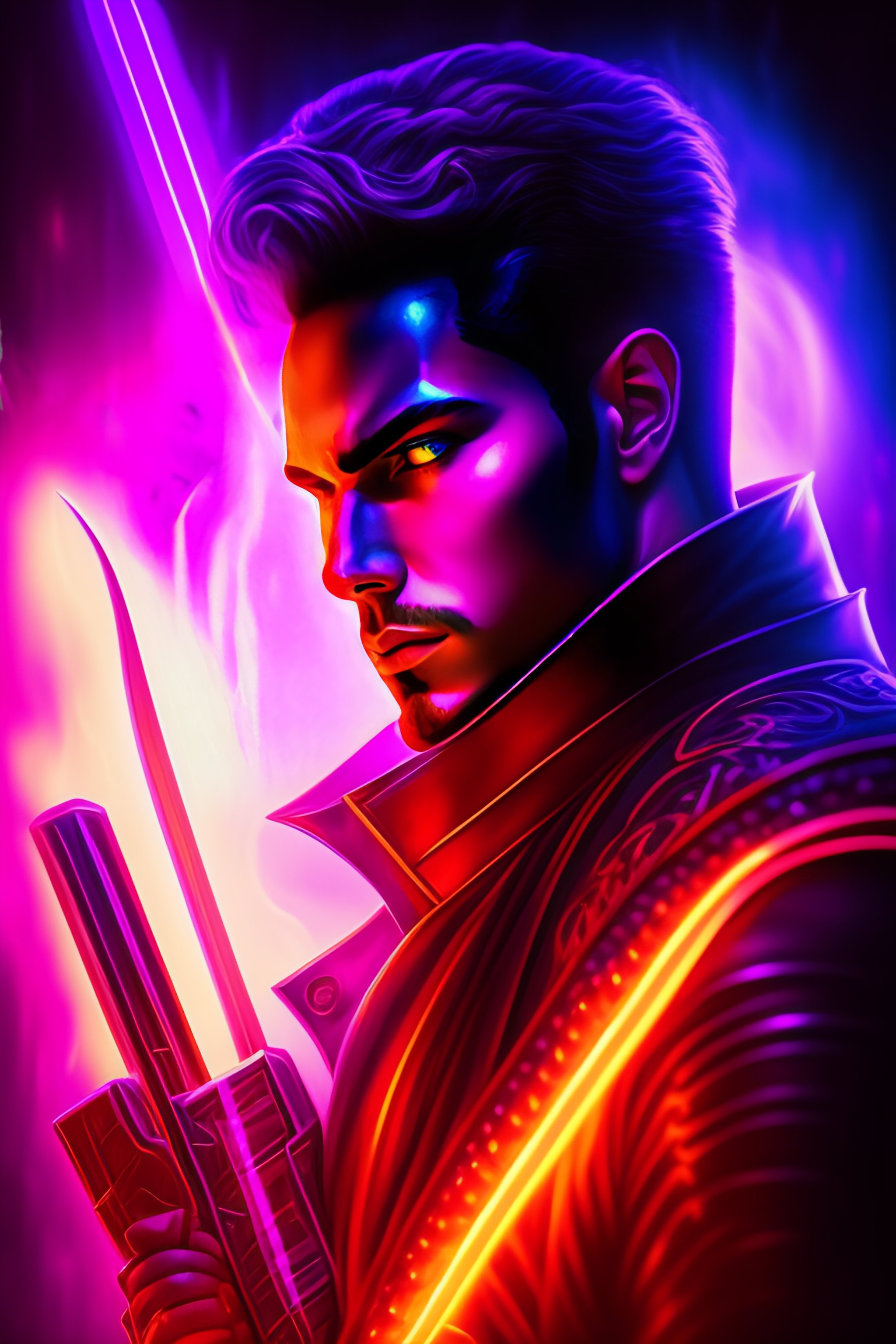 Lexica - Synthwave Portrait of demon holding nether sword. Neon lights