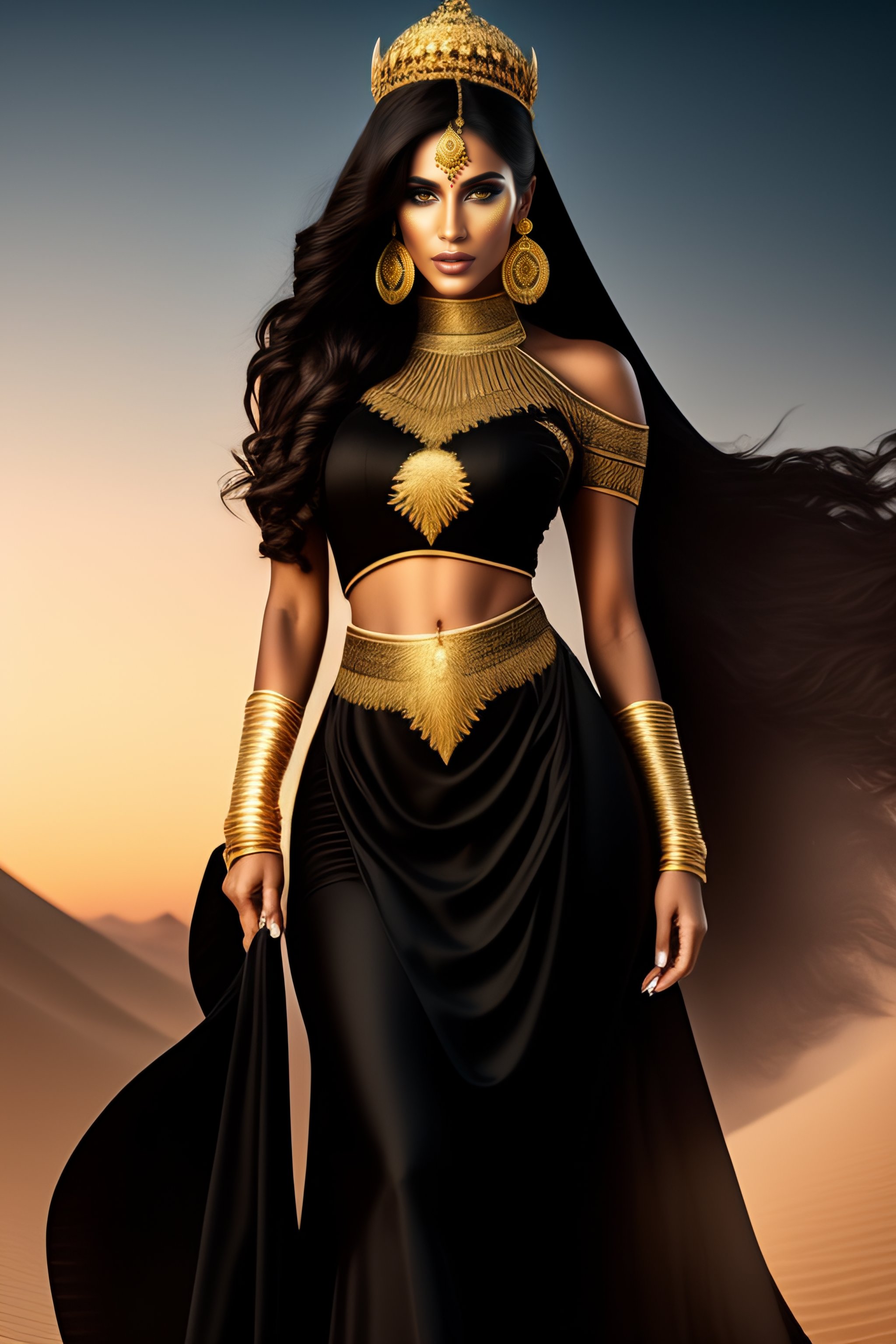 Lexica - Beautiful arabian princess wearing black clothes and gold,  full-body view, ultra detailed