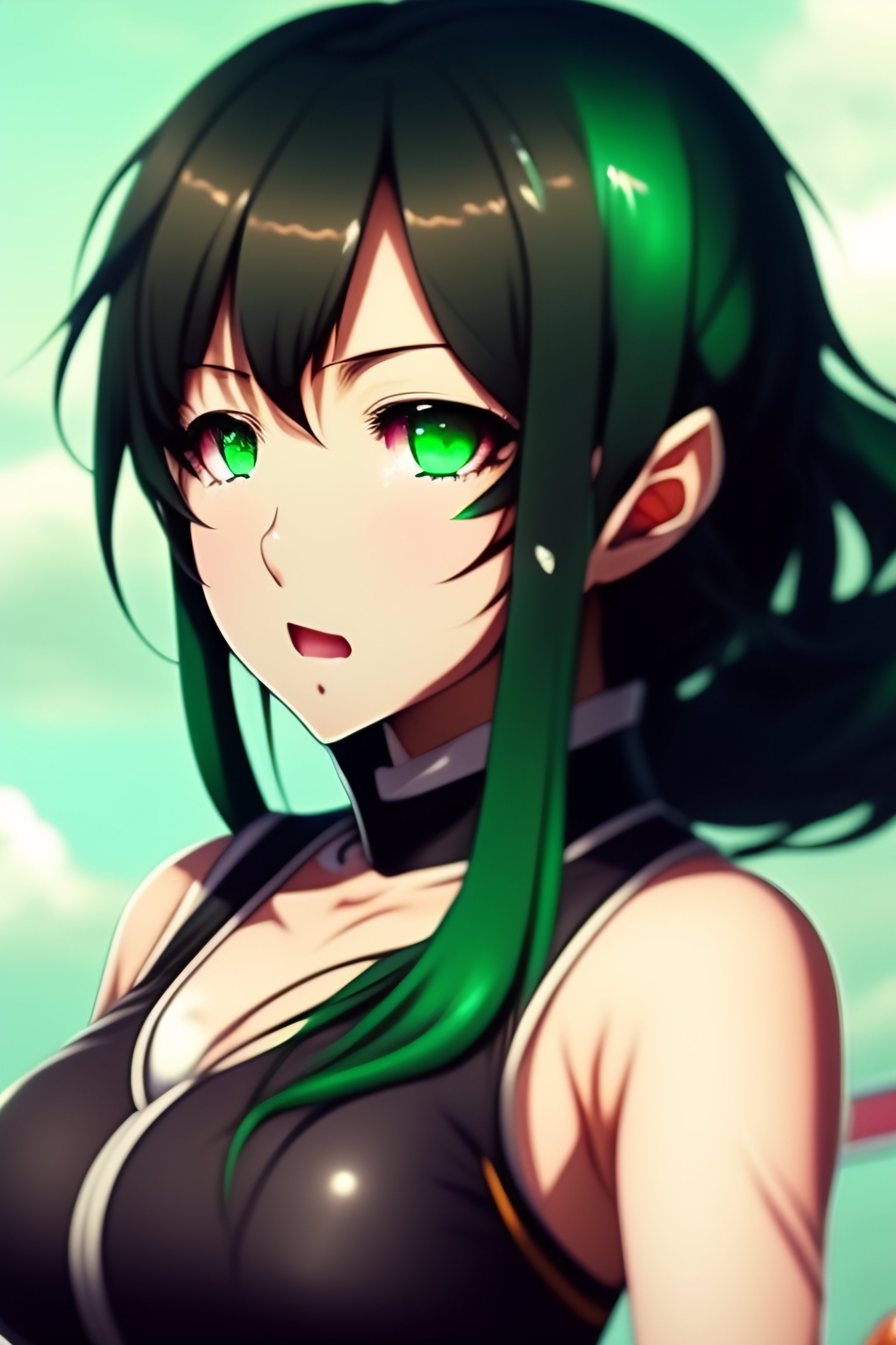 Lexica Cute Anime Girl Green Eyes Half Green Half Black Hair Ahoge Eating 